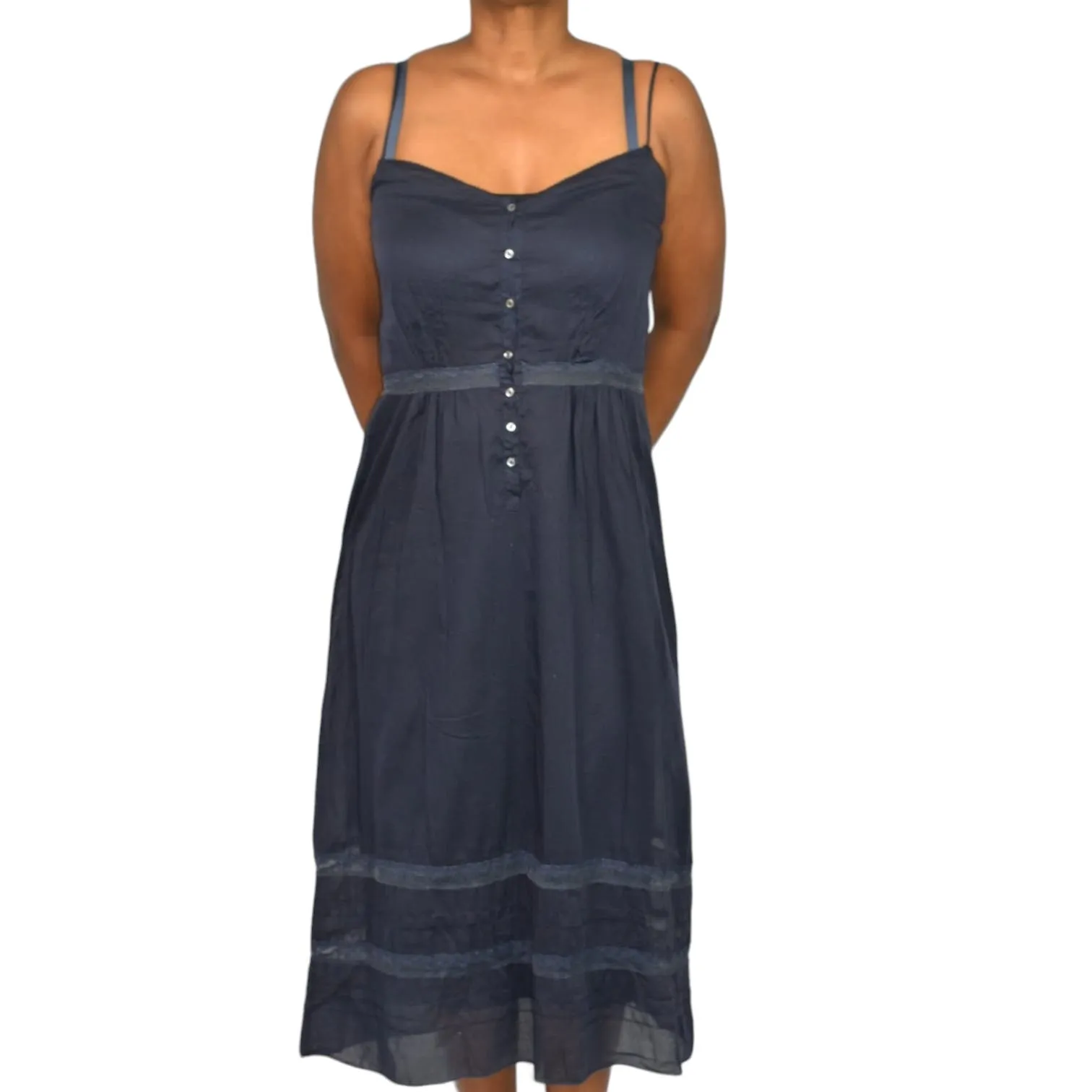 Forte Forte Midi Dress Blue Navy Cotton Voile Sheer Spaghetti Strap Lace Pinafore Size Medium