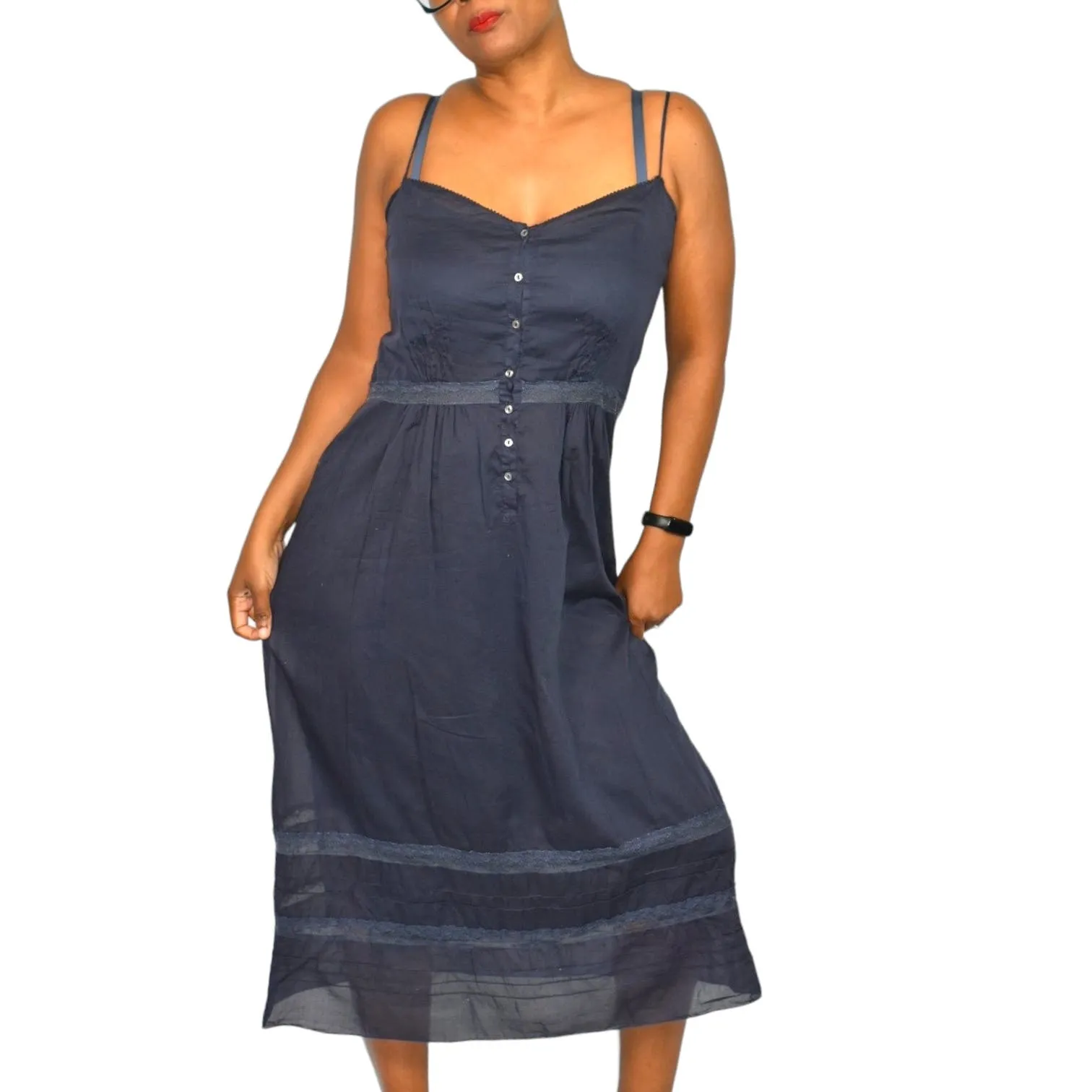 Forte Forte Midi Dress Blue Navy Cotton Voile Sheer Spaghetti Strap Lace Pinafore Size Medium