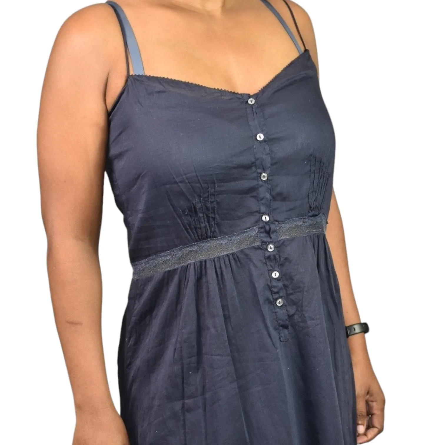 Forte Forte Midi Dress Blue Navy Cotton Voile Sheer Spaghetti Strap Lace Pinafore Size Medium