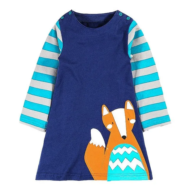 Girls Fox Print Blue Dress, Size 3-7Yrs