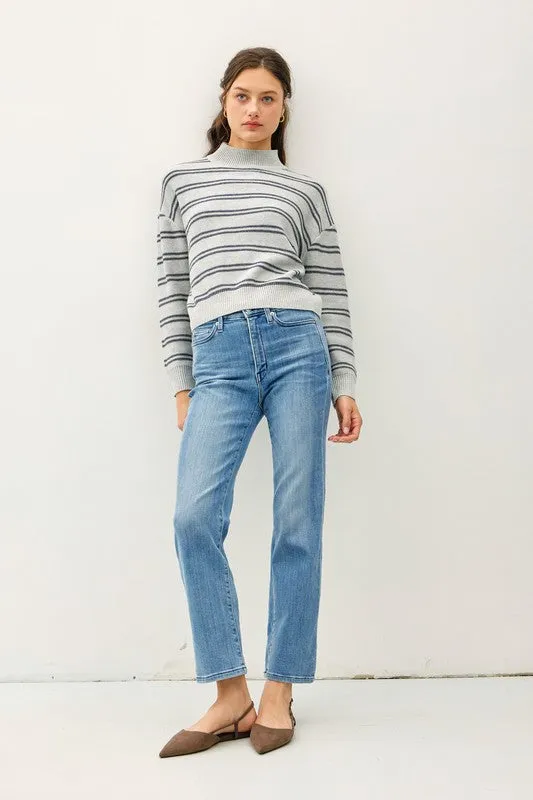 Gray & Navy Striped Mock Top