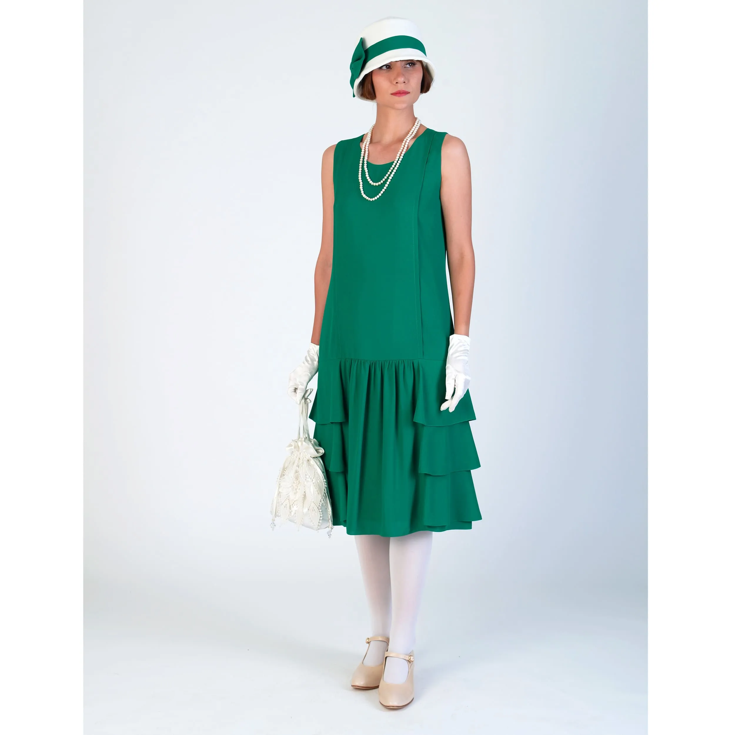 Great Gatsby chiffon dress in green with tiered skirt