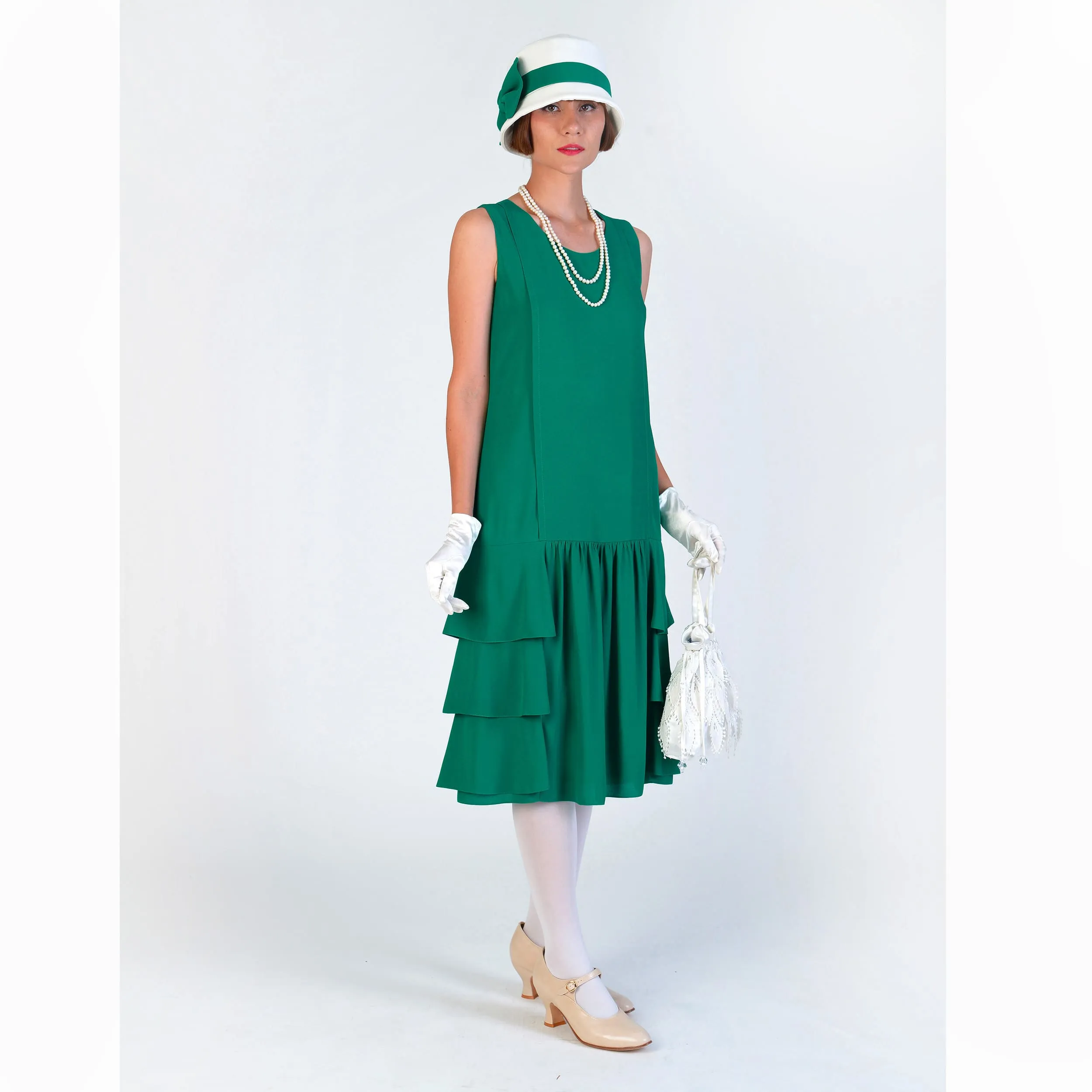 Great Gatsby chiffon dress in green with tiered skirt