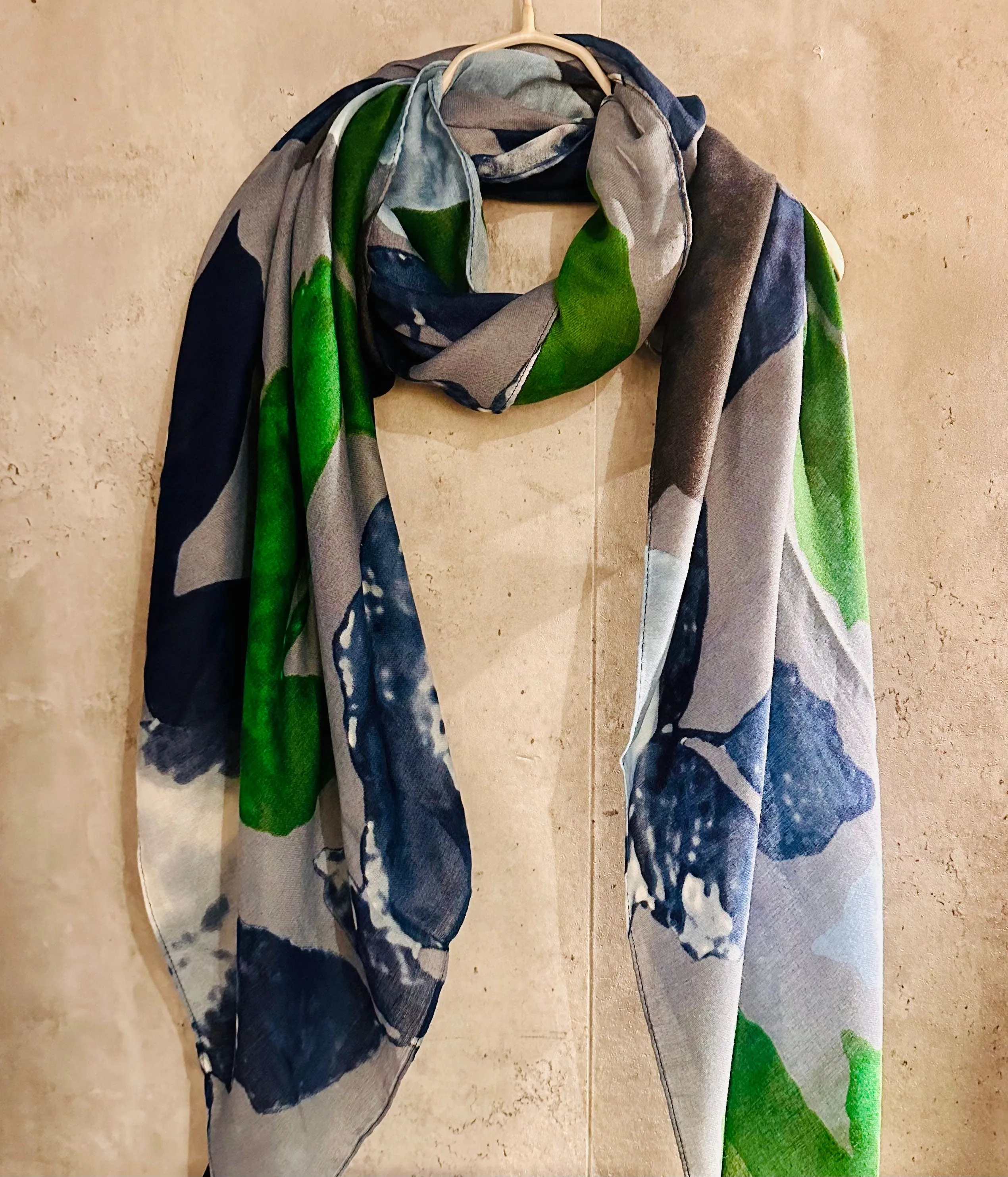 Grey Green Blue Organic Cotton Scarf with Huge Flower and Leaf Design – An Eco-Friendly Gift for Mom, Ideal for Birthday and Christmas Celebrations