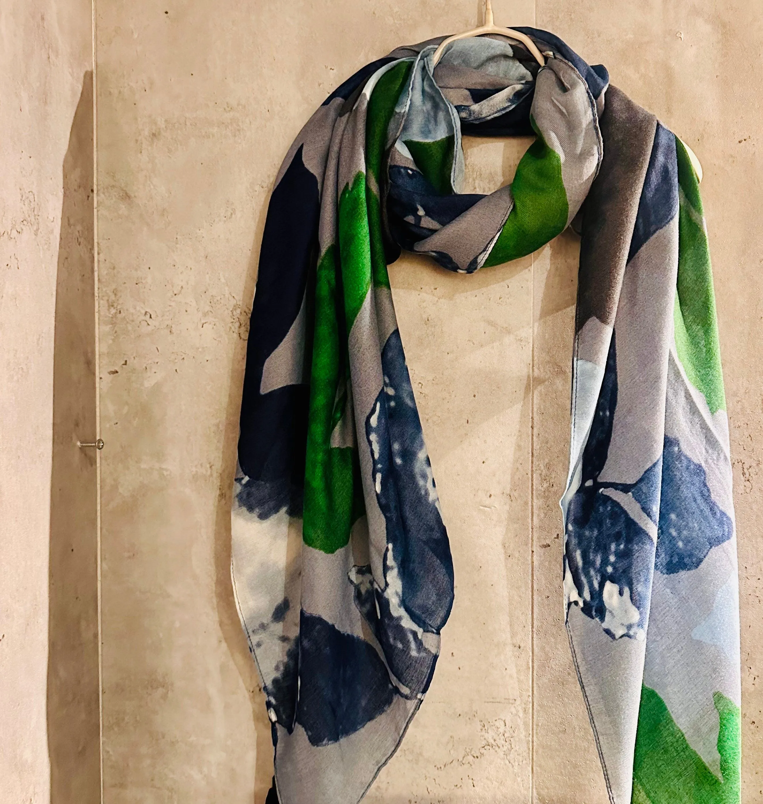 Grey Green Blue Organic Cotton Scarf with Huge Flower and Leaf Design – An Eco-Friendly Gift for Mom, Ideal for Birthday and Christmas Celebrations