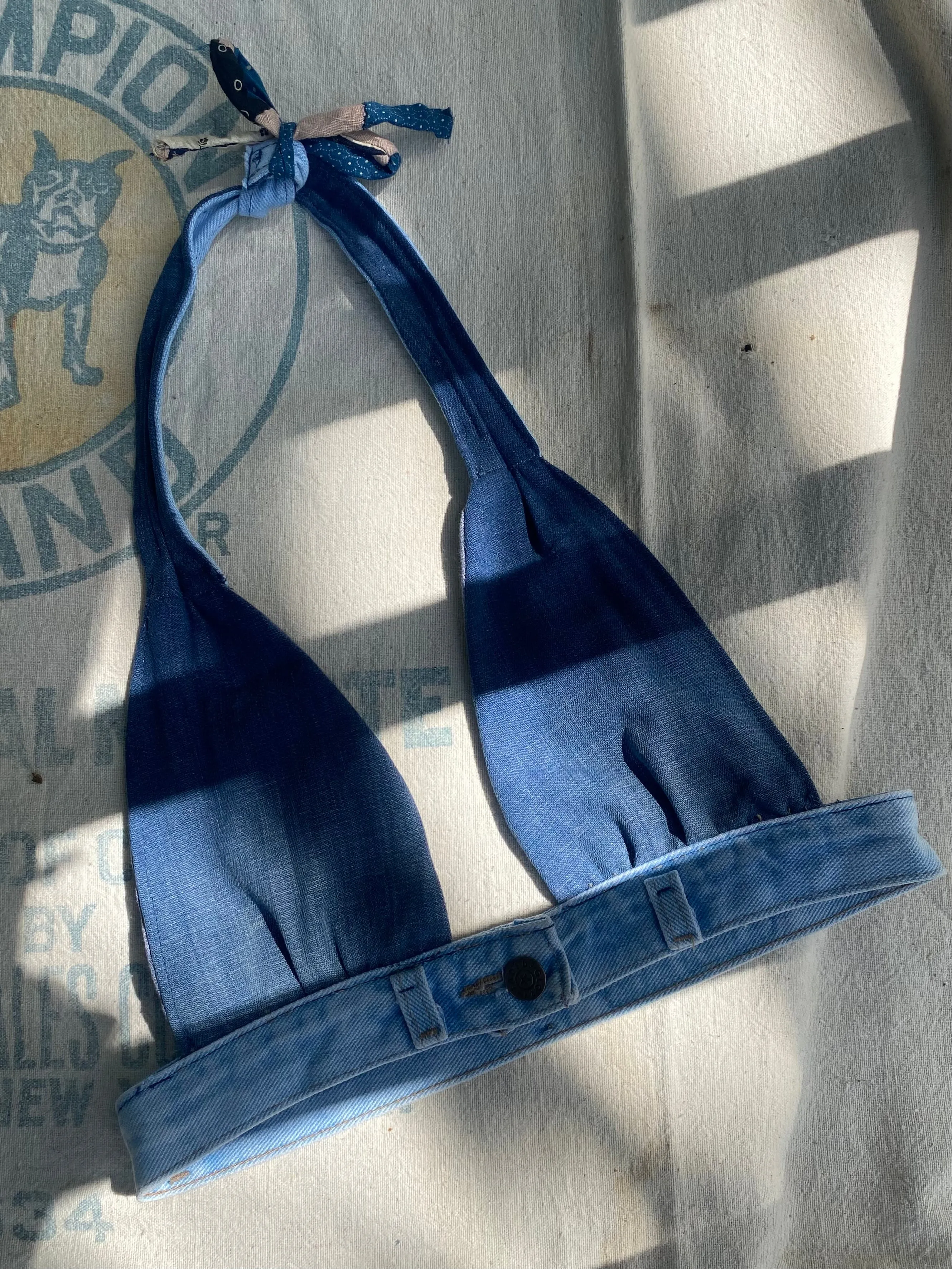 Hand made 1970s style denim halter top bra xs