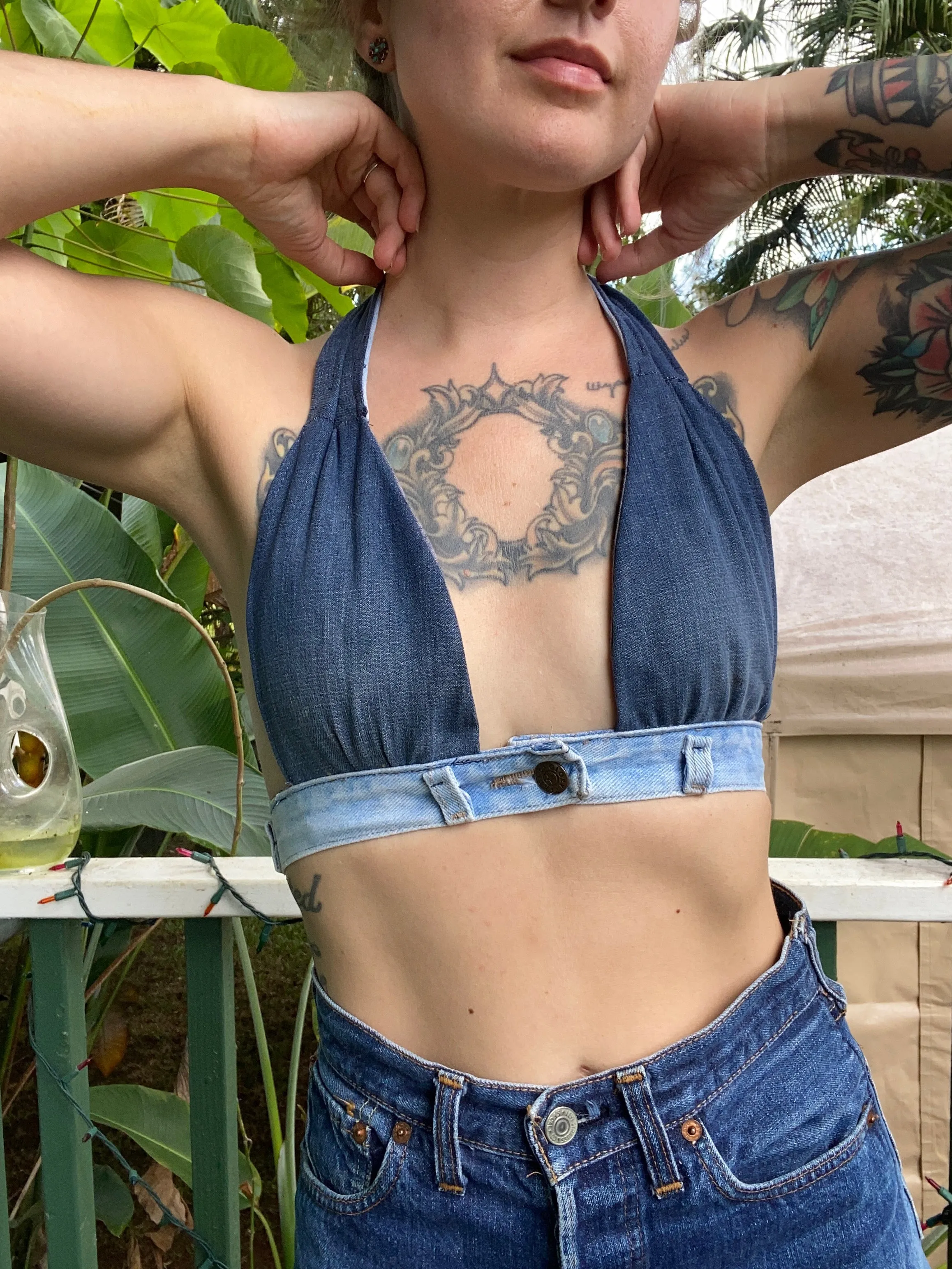 Hand made 1970s style denim halter top bra xs