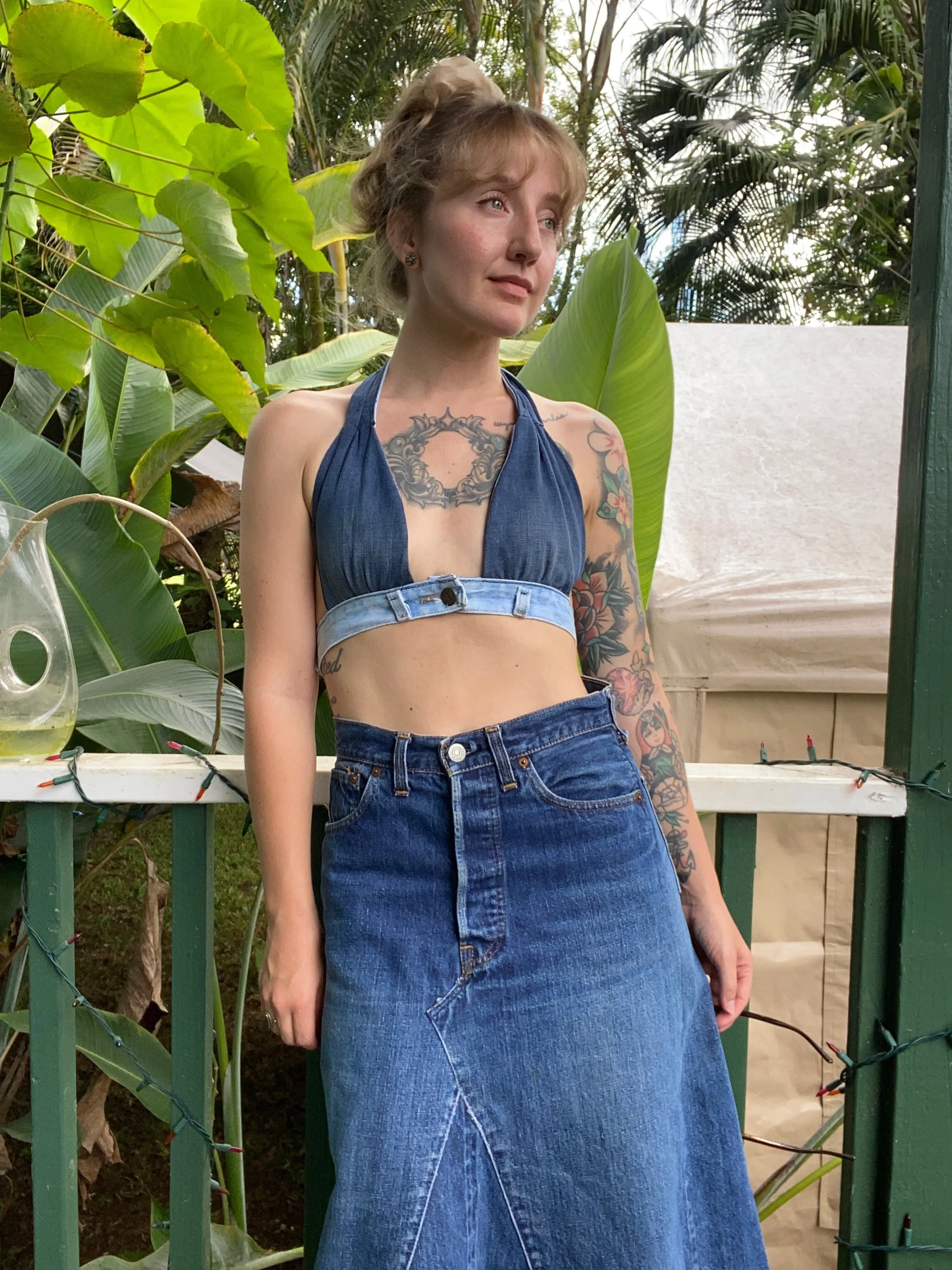 Hand made 1970s style denim halter top bra xs