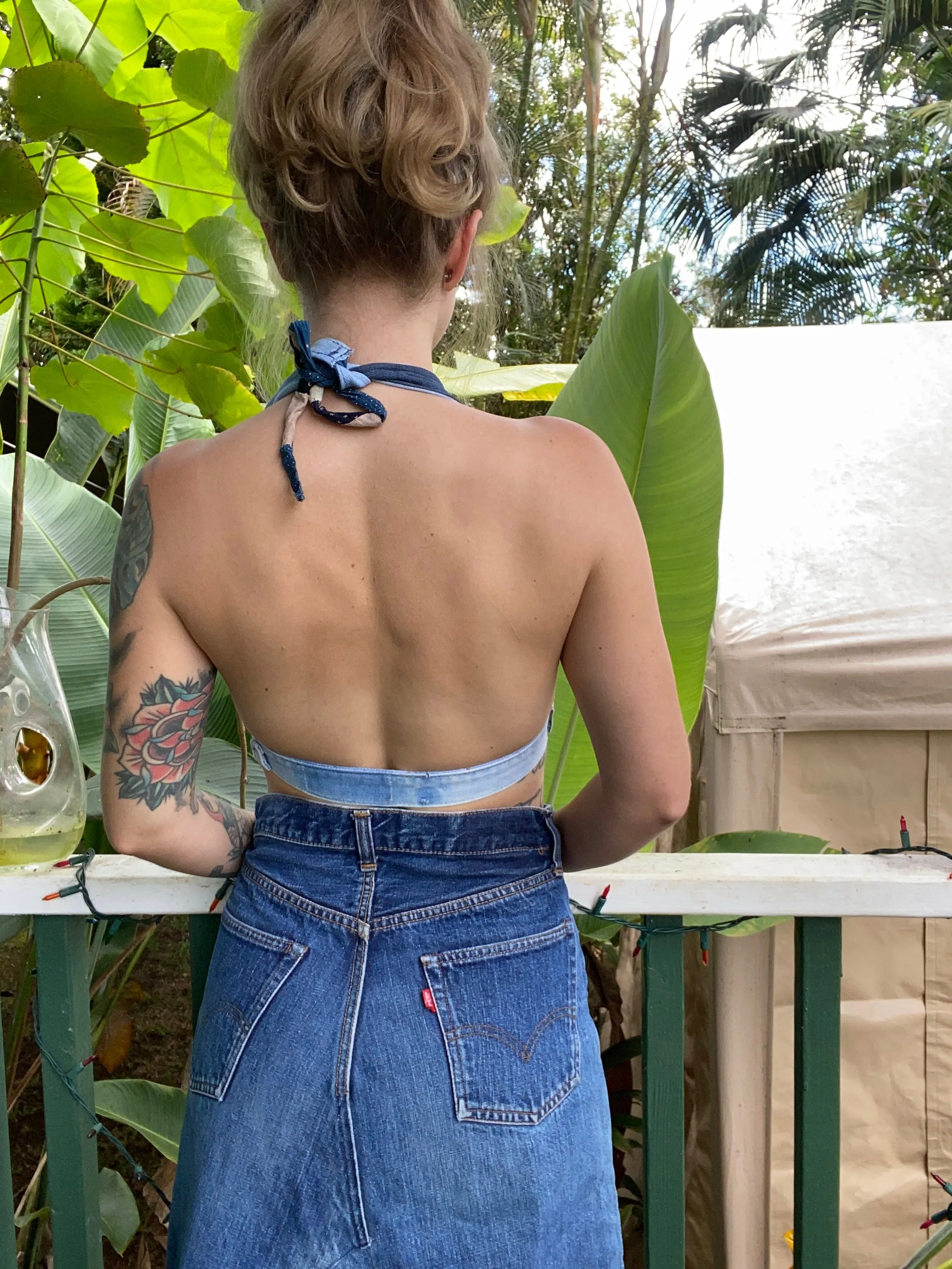 Hand made 1970s style denim halter top bra xs