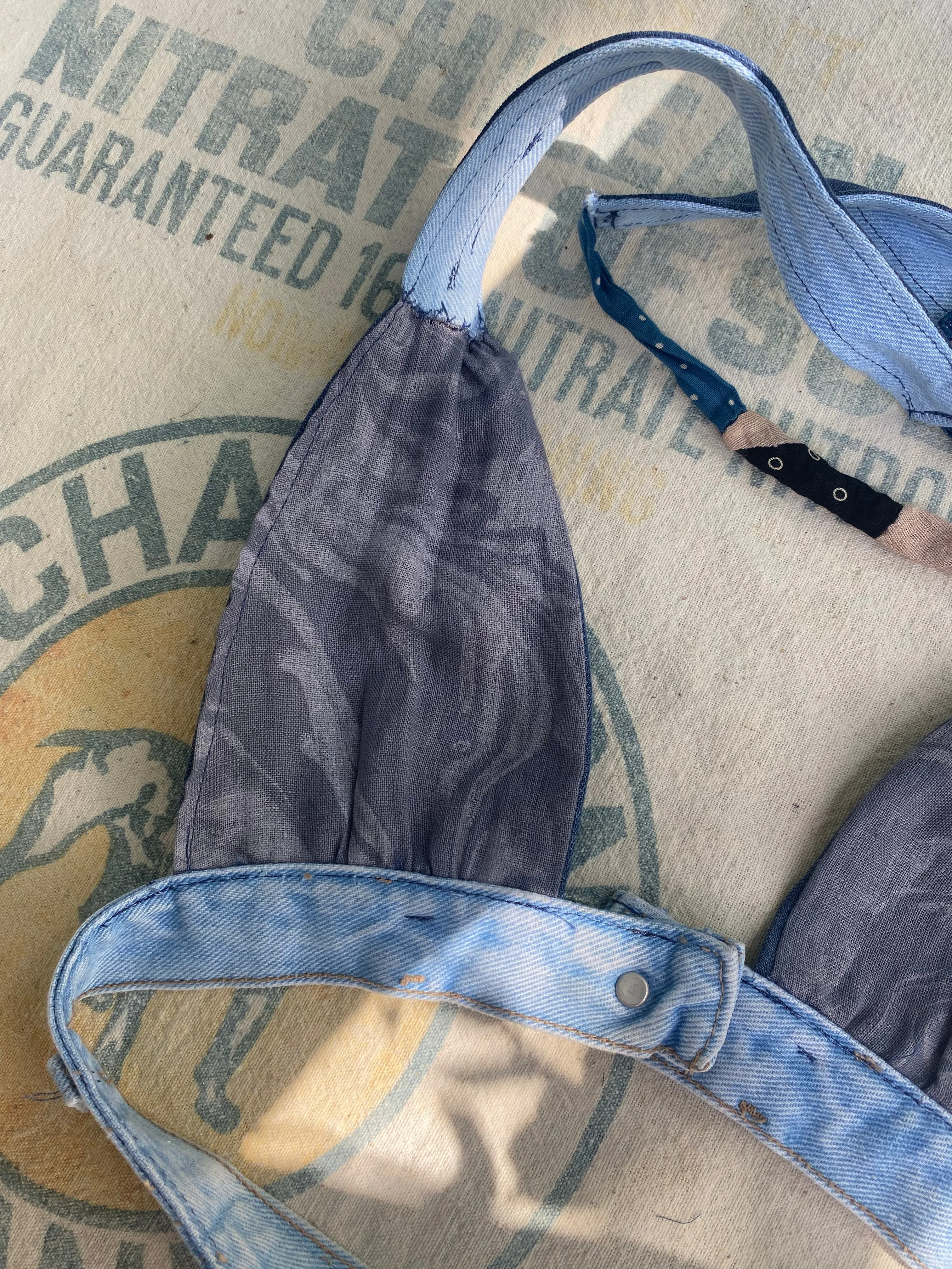 Hand made 1970s style denim halter top bra xs