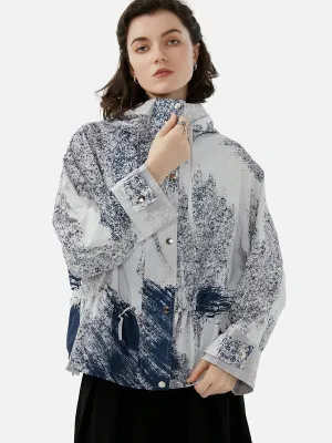 Hooded Contrast Color Printed Cropped Jacket