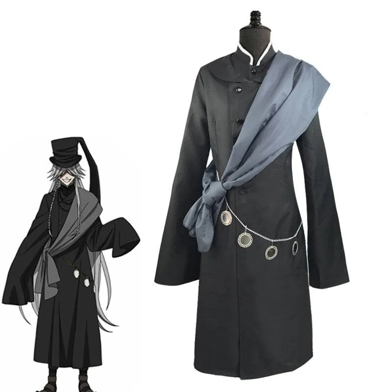 Hot Sale Black Butler Kuroshitsuji Undertaker Cosplay Costume Halloween Party Costumes Custom Made Full Set Hat Chain and wig