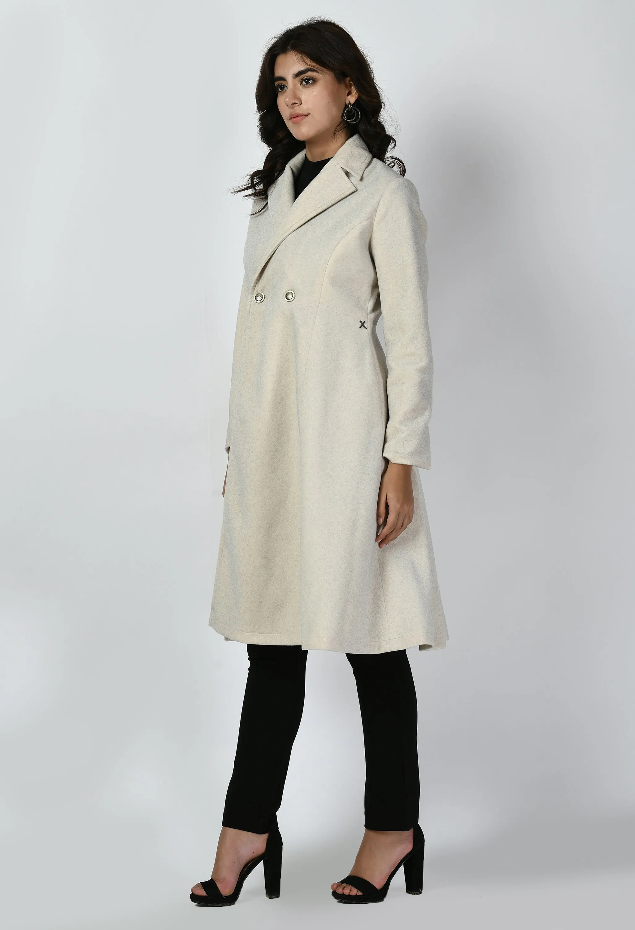 Ivory Cotton Blend Ferocity Wool-Blend A-Line Long Coat