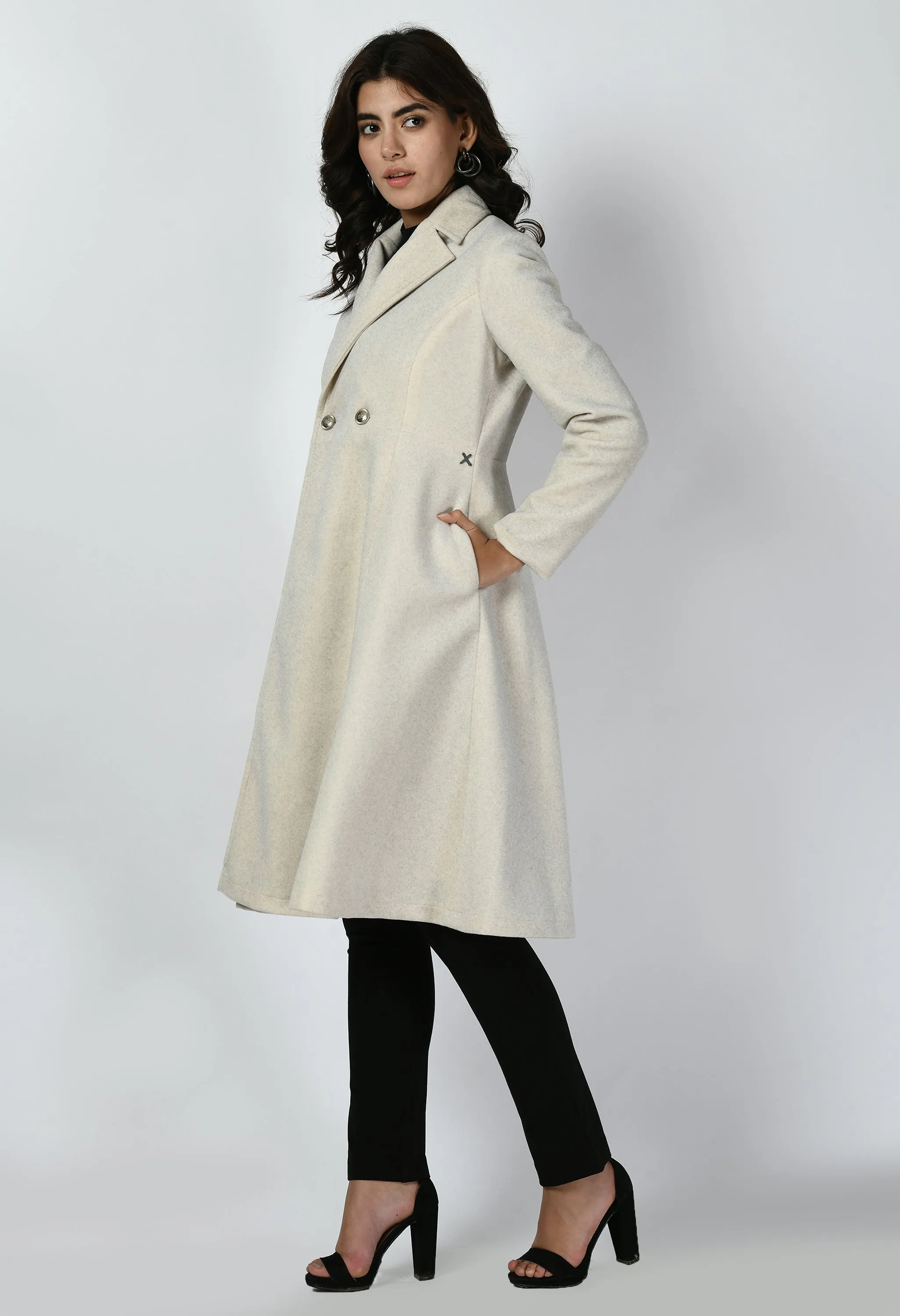 Ivory Cotton Blend Ferocity Wool-Blend A-Line Long Coat