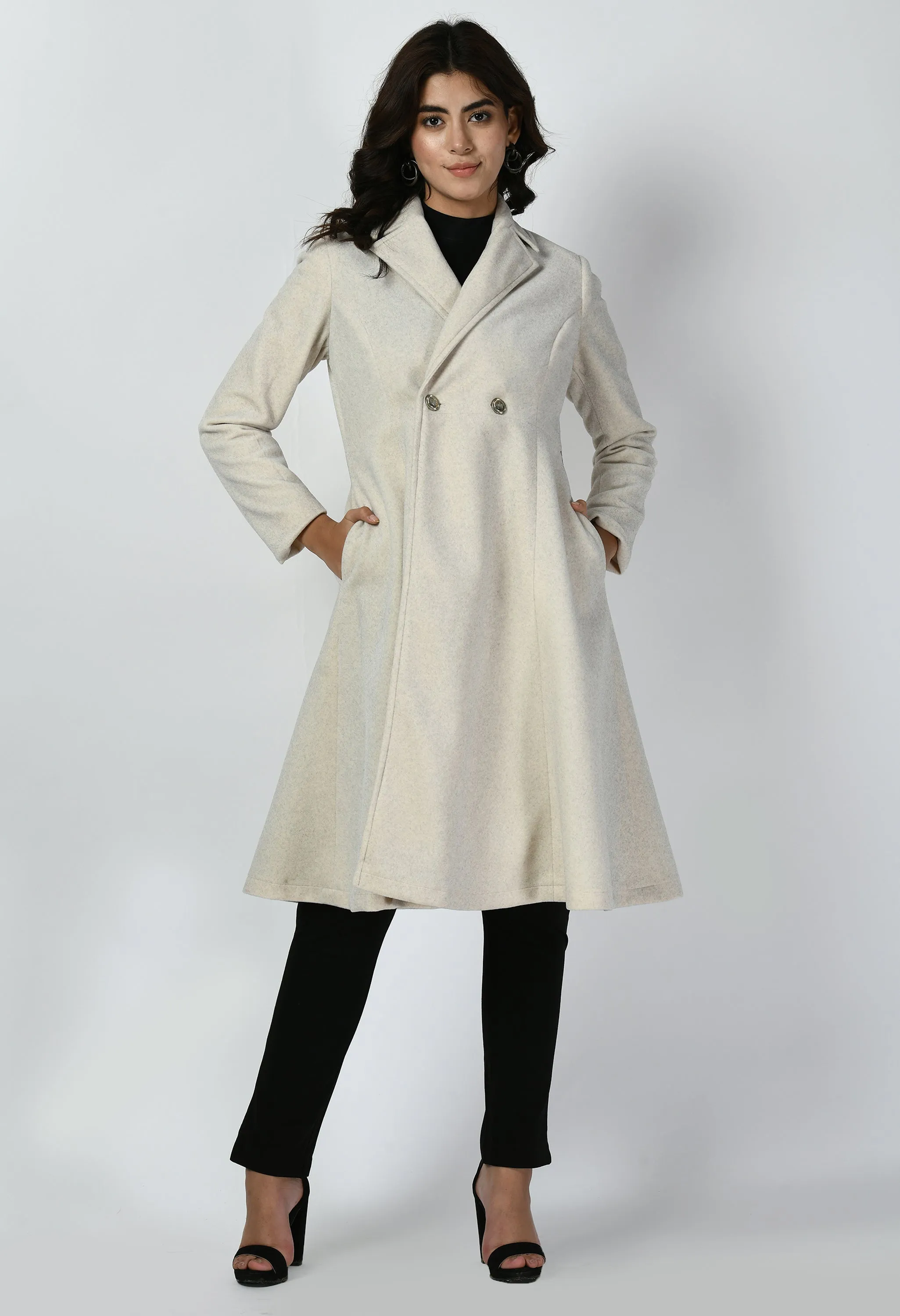 Ivory Cotton Blend Ferocity Wool-Blend A-Line Long Coat