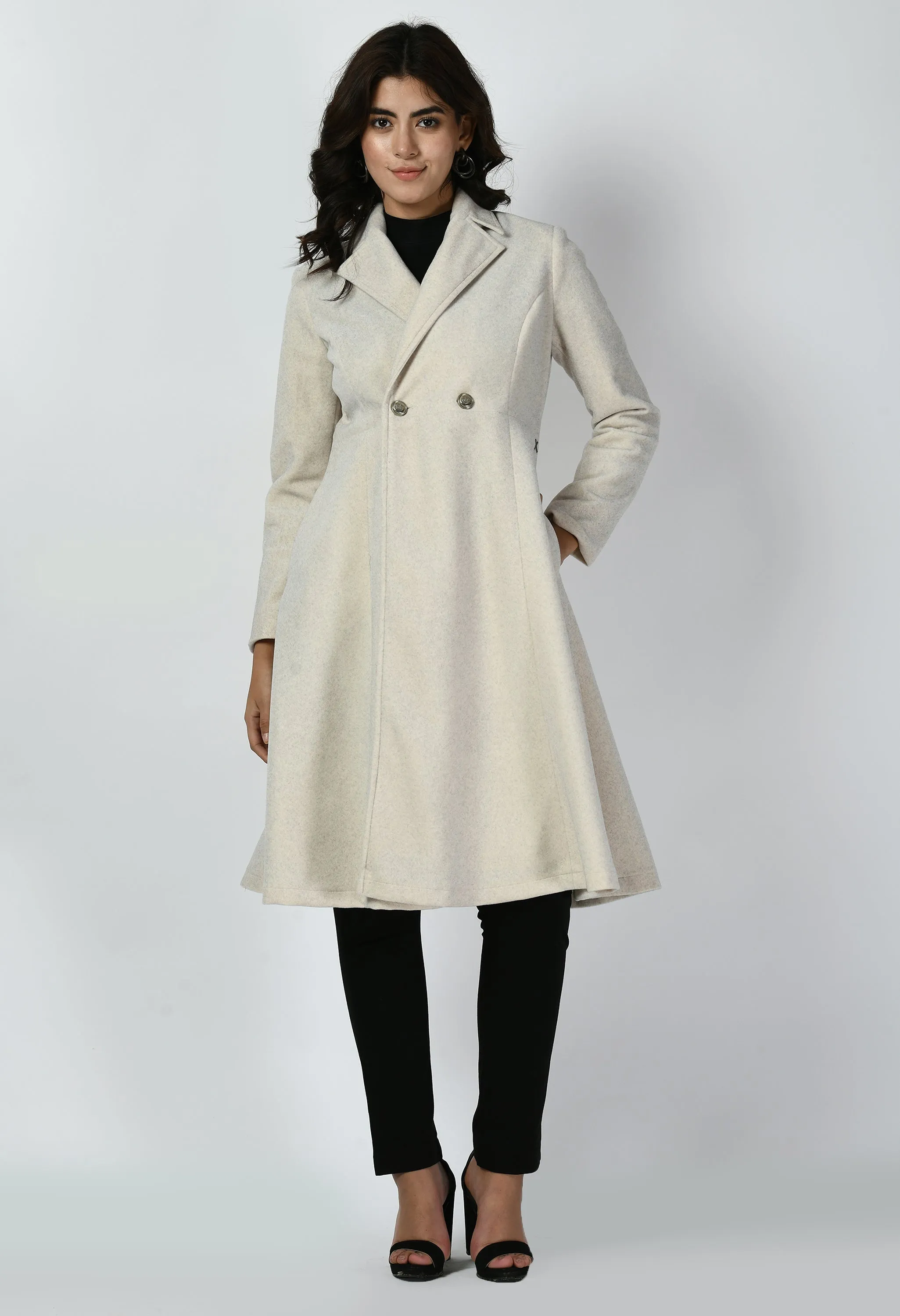 Ivory Cotton Blend Ferocity Wool-Blend A-Line Long Coat