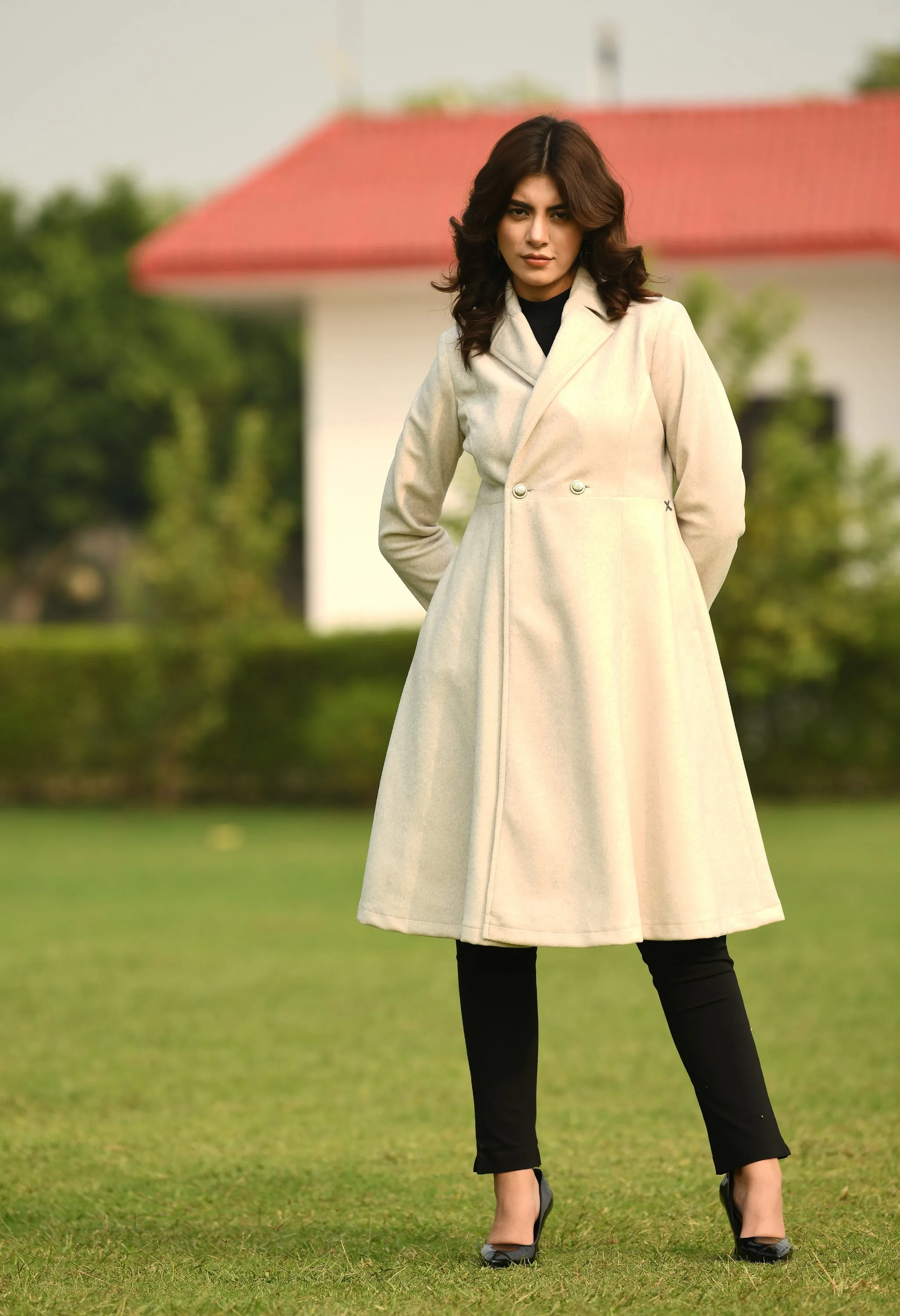 Ivory Cotton Blend Ferocity Wool-Blend A-Line Long Coat