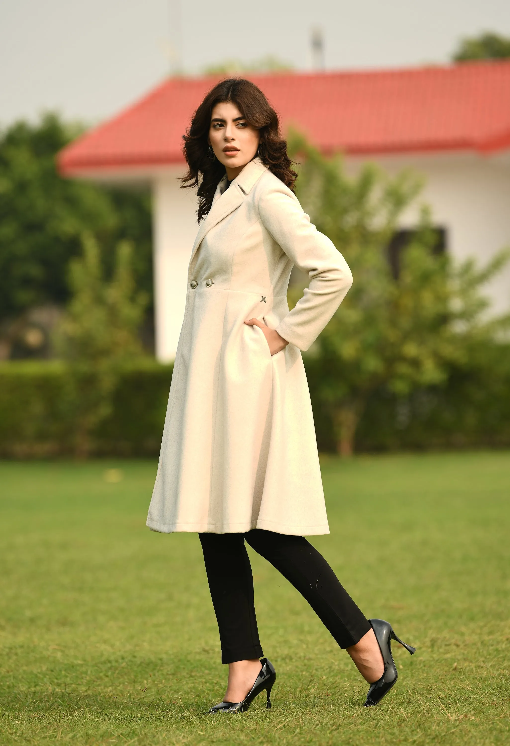 Ivory Cotton Blend Ferocity Wool-Blend A-Line Long Coat