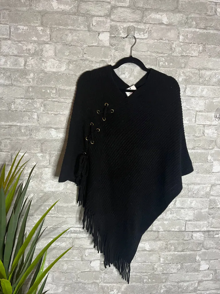 Jessie, Lace Side Soft Acrylic Poncho w/ Fringe