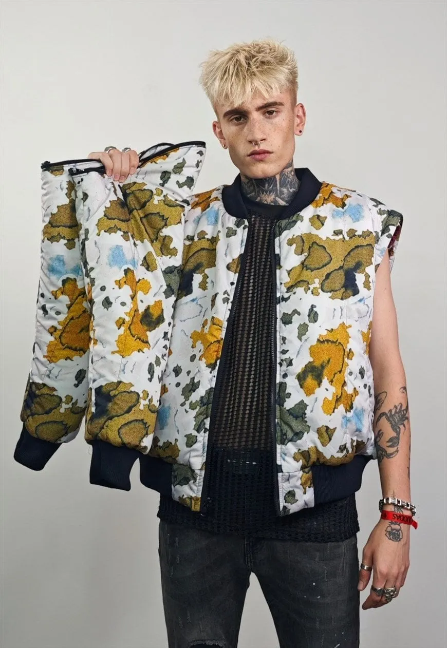 Leaves print varsity jacket forest reversible 4in1 bomber