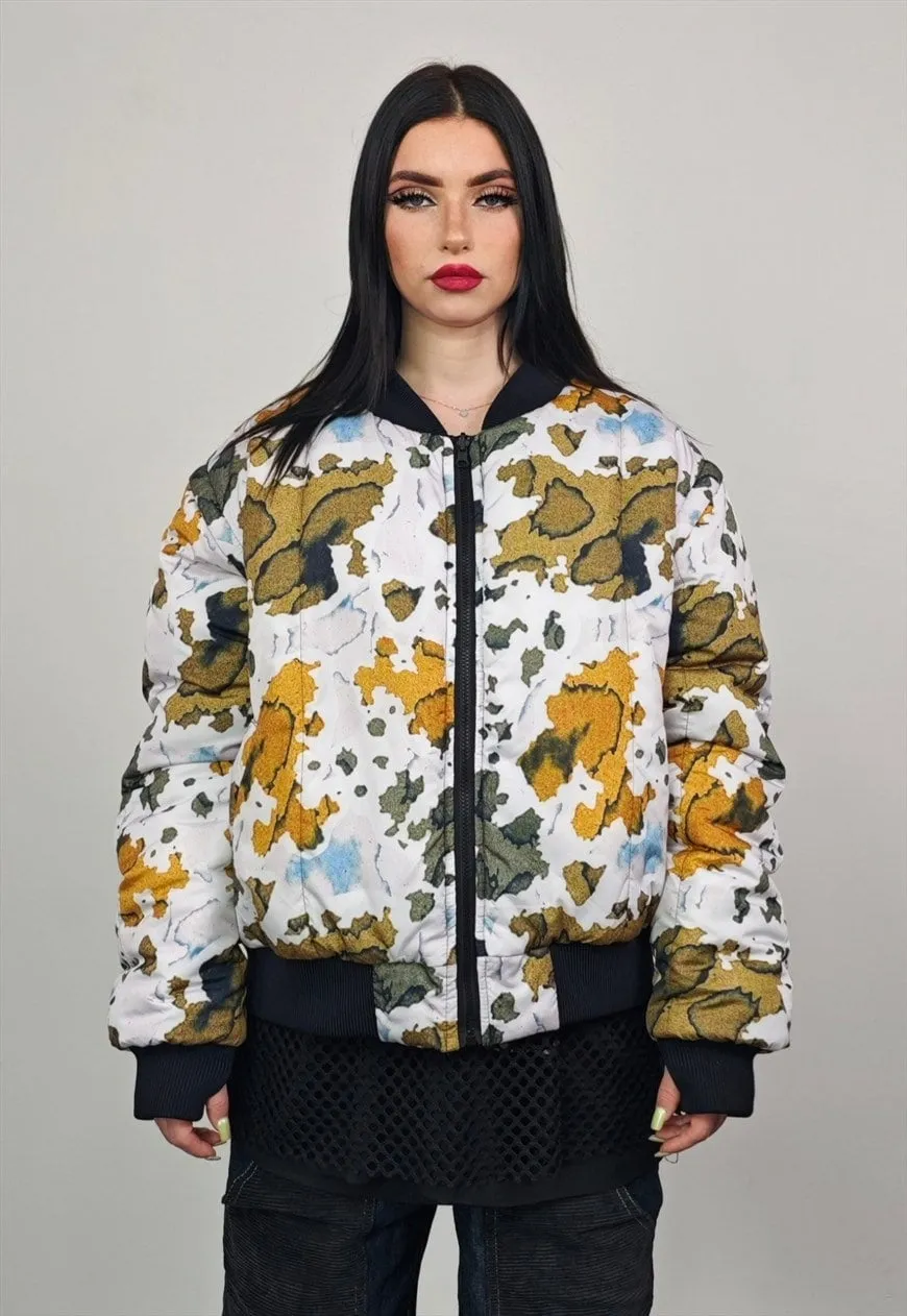 Leaves print varsity jacket forest reversible 4in1 bomber