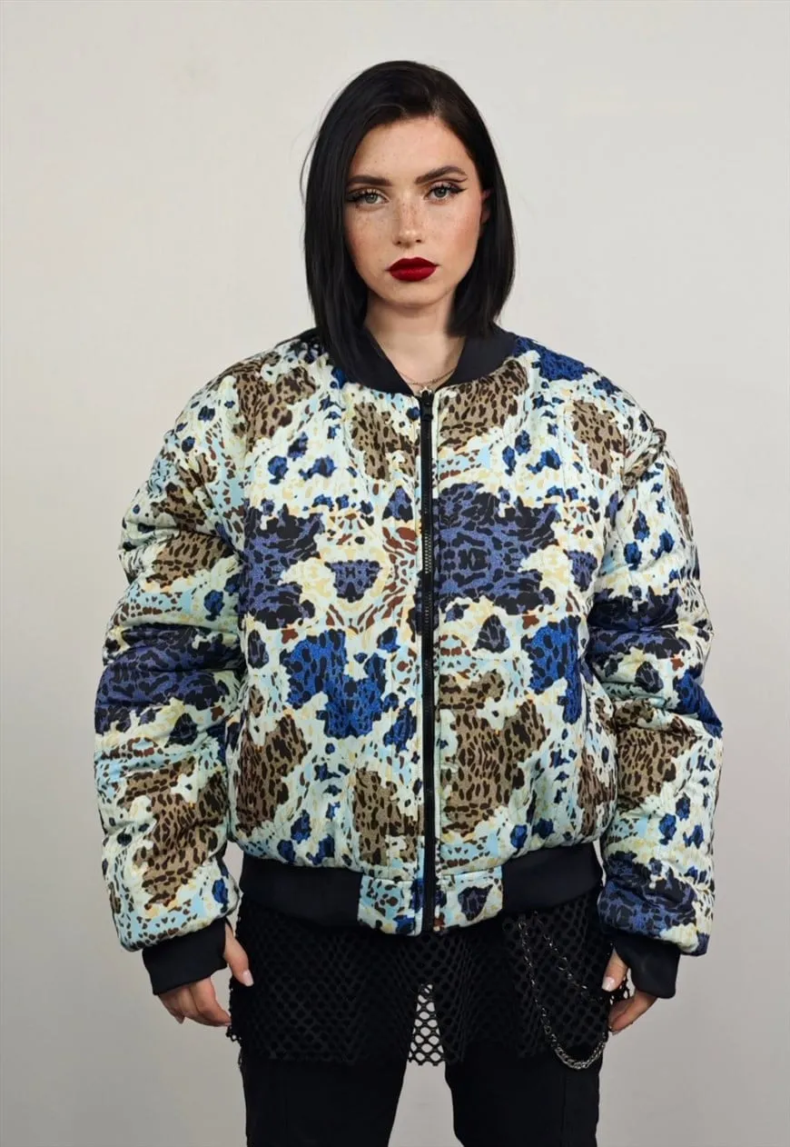 Leopard varsity jacket blue animal print reversible bomber