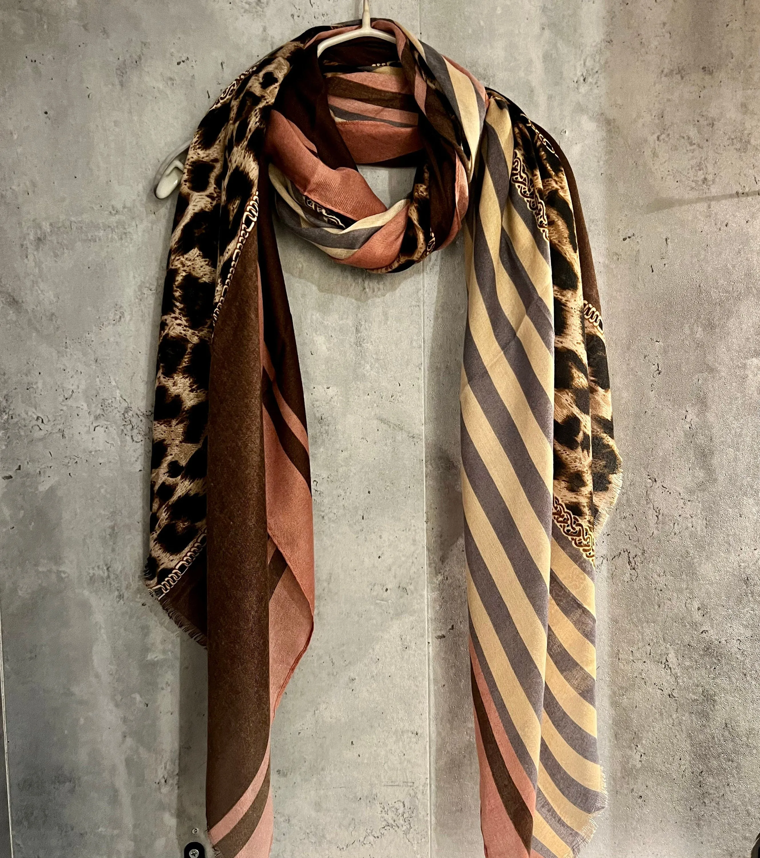 Leopard X Lines Pattern Brown Pink Cotton Scarf/Summer Autumn Women Scarf/Gifts For Her Birthday Christmas/UK Seller