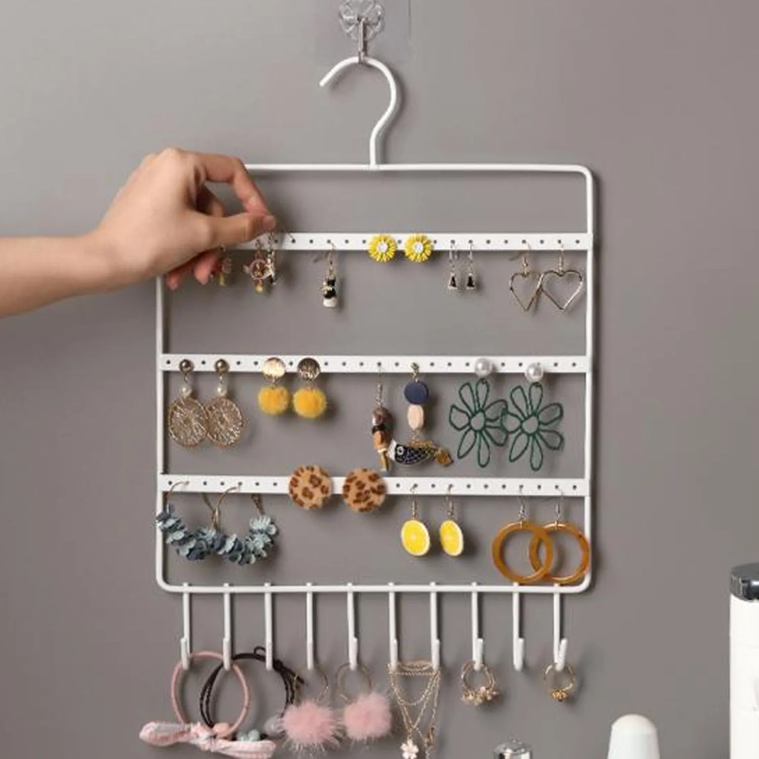 Lightweight & Wall Mounted Earrings Organizer / HANGER for Tangle Free Hanging for Women, 66 Holes - 10 Hooks (metal)