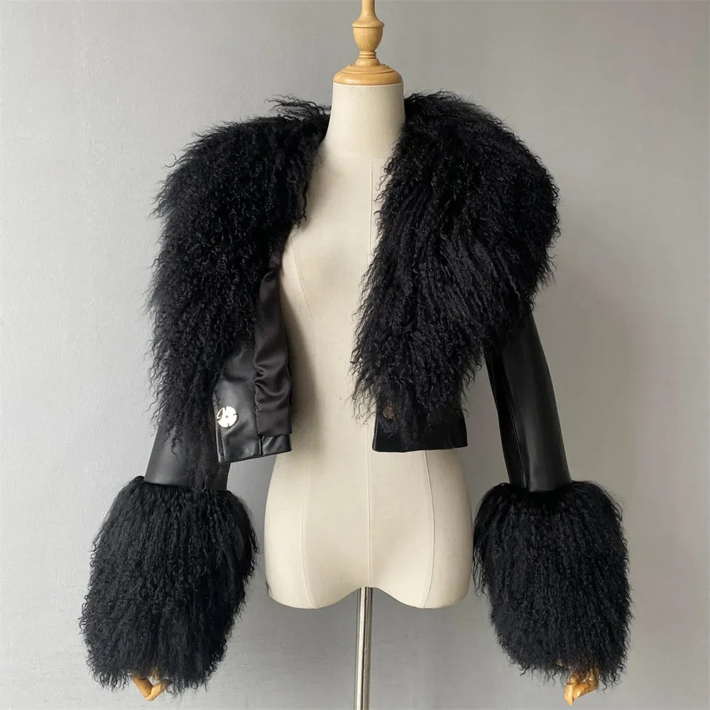 Luxury Genuine Cropped Leather Fur Coat