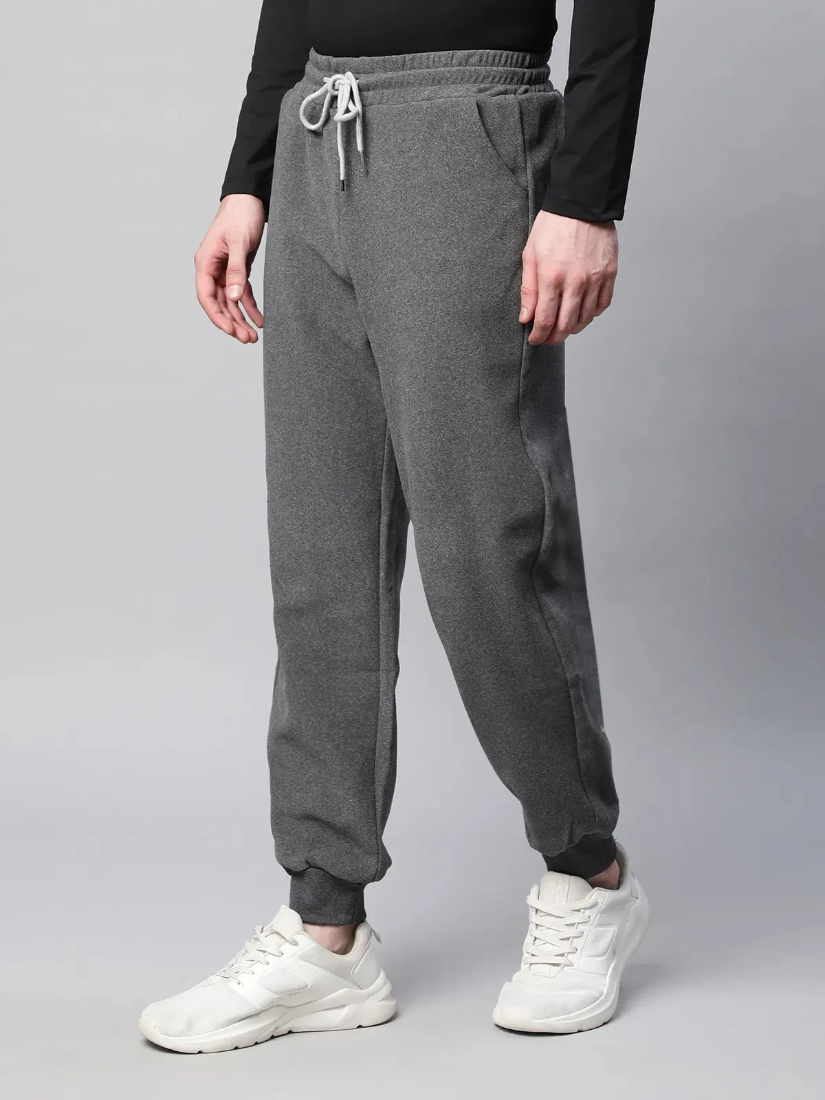 Men Dark Grey Solid Cotton Blend Joggers For Winter