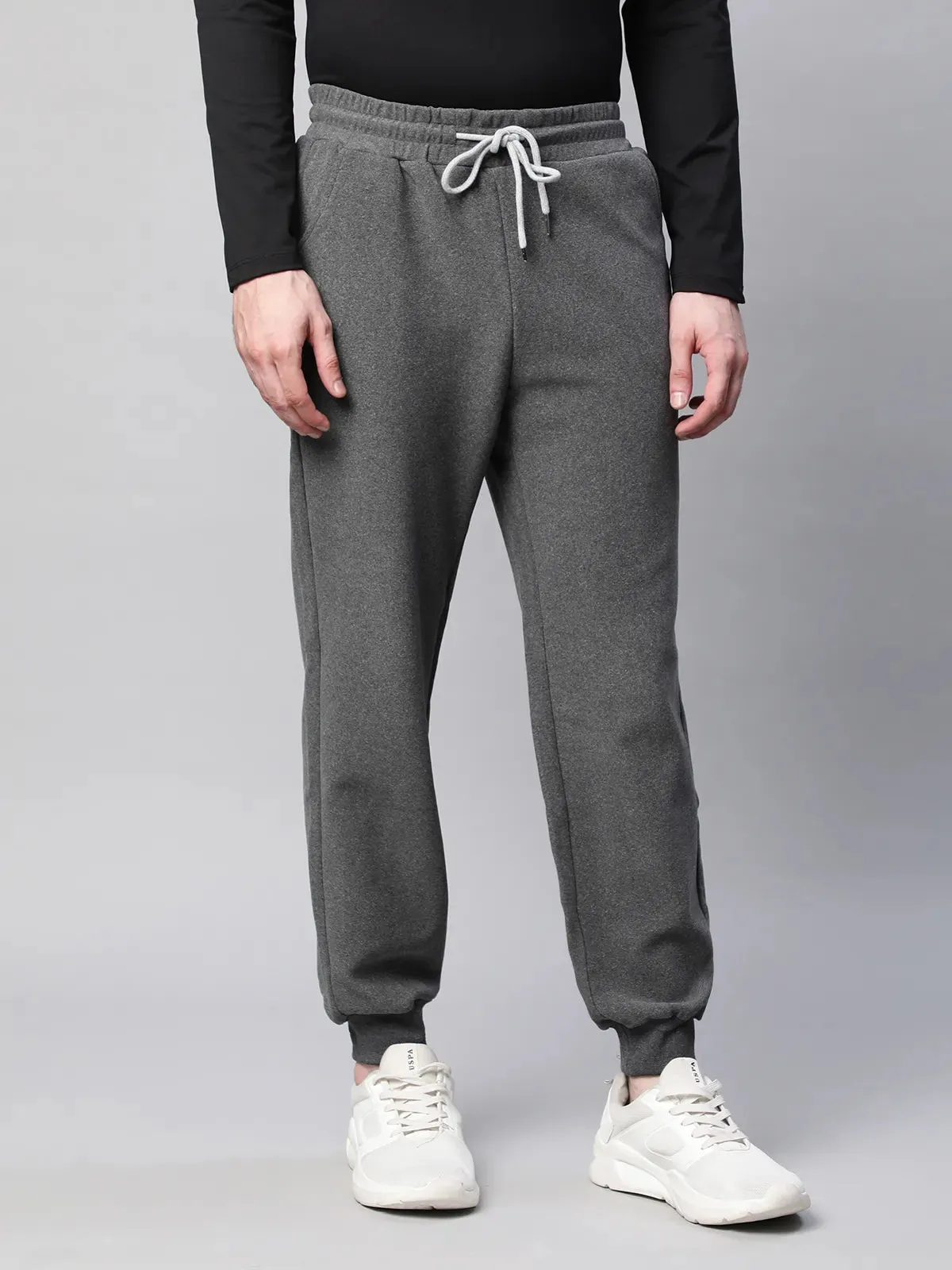 Men Dark Grey Solid Cotton Blend Joggers For Winter