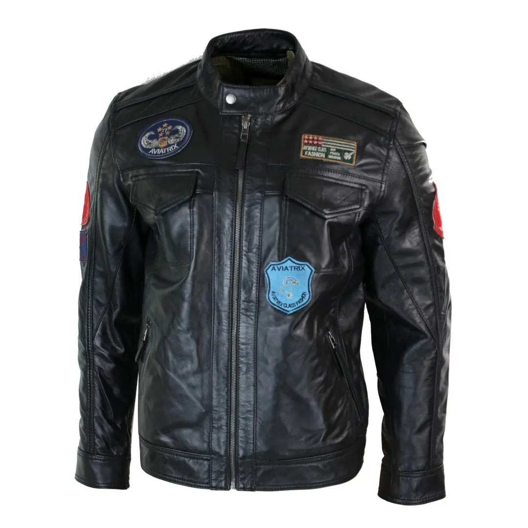 Men's Black Leather Zip Jacket Badge Racing US Pilot