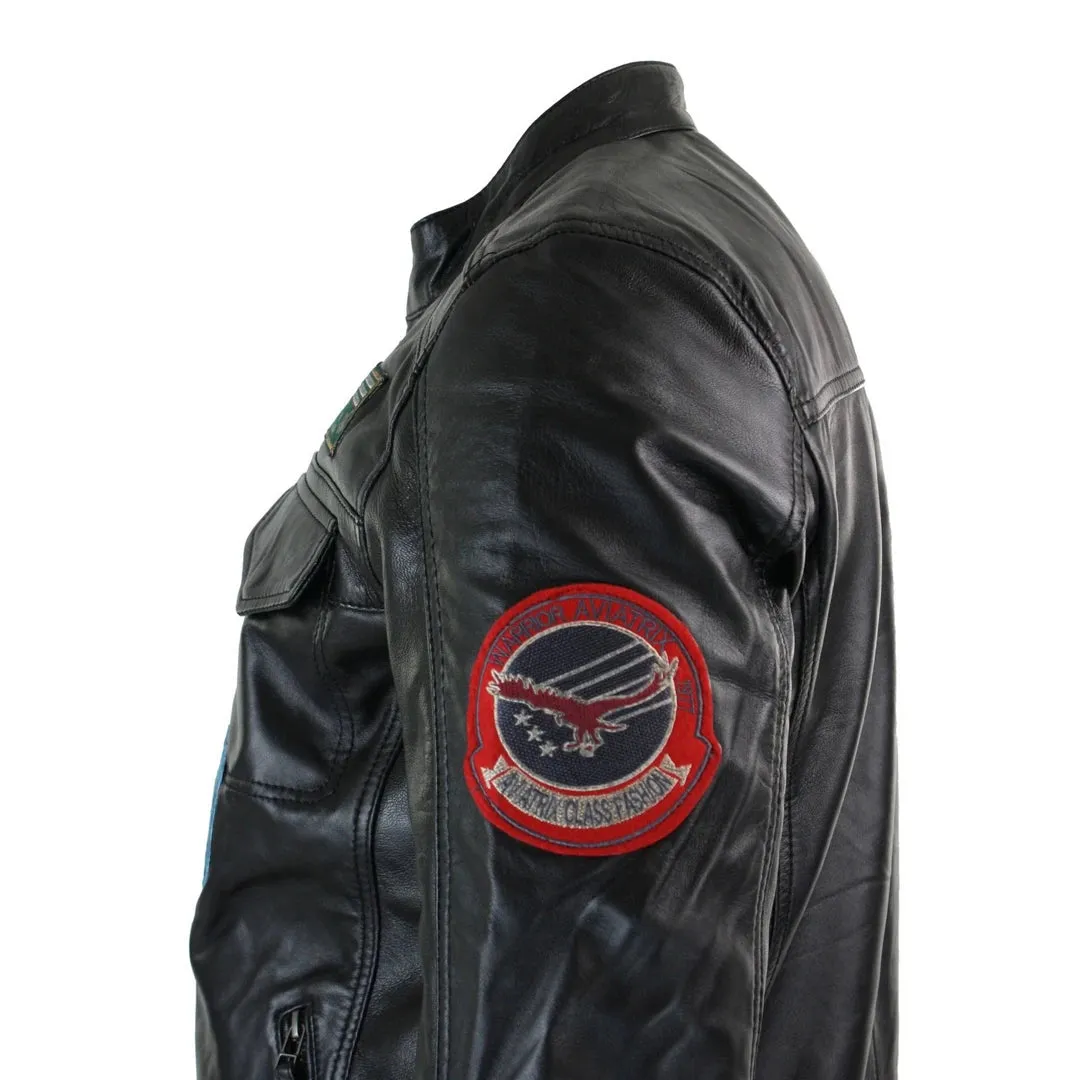 Men's Black Leather Zip Jacket Badge Racing US Pilot