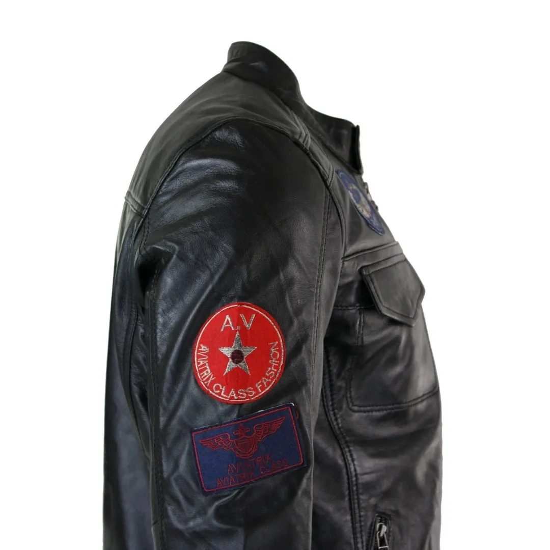 Men's Black Leather Zip Jacket Badge Racing US Pilot