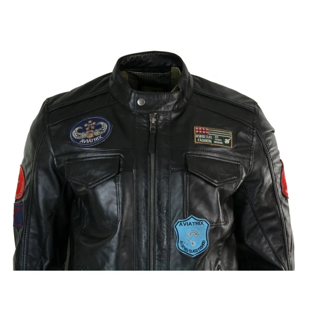 Men's Black Leather Zip Jacket Badge Racing US Pilot