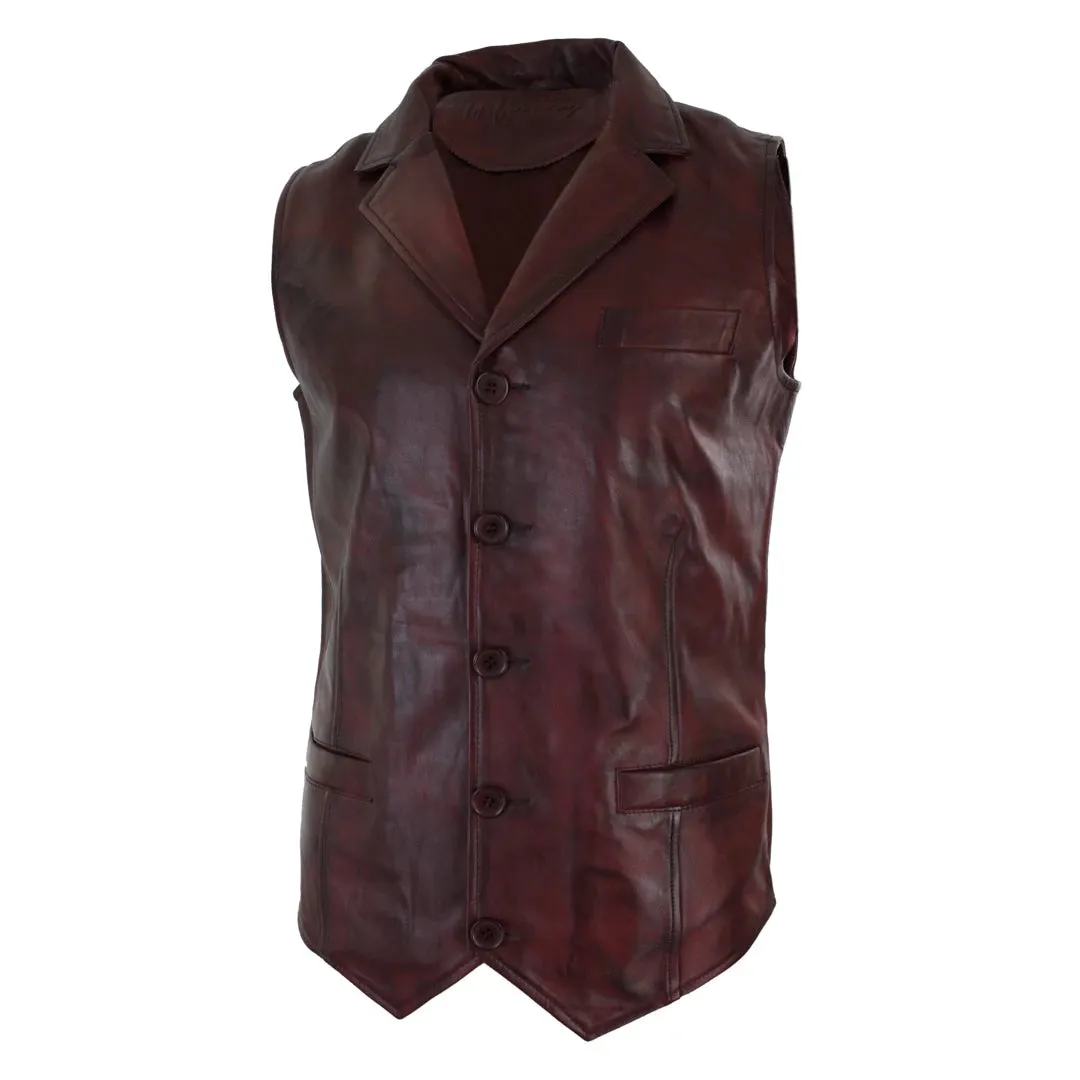 Men's Leather Tan Brown Black Burgundy Gilet Waistcoat