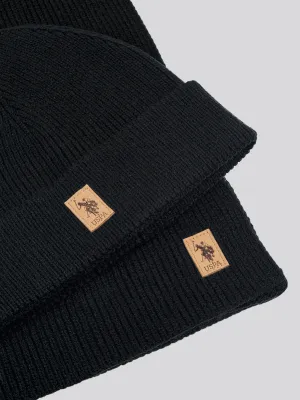 Mens Luxury Rib Knit Beanie & Scarf Box Set in Black