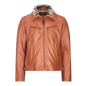 Men's Washed Rust Tan Brown Removable Fur Collar Leather Jacket Zipped