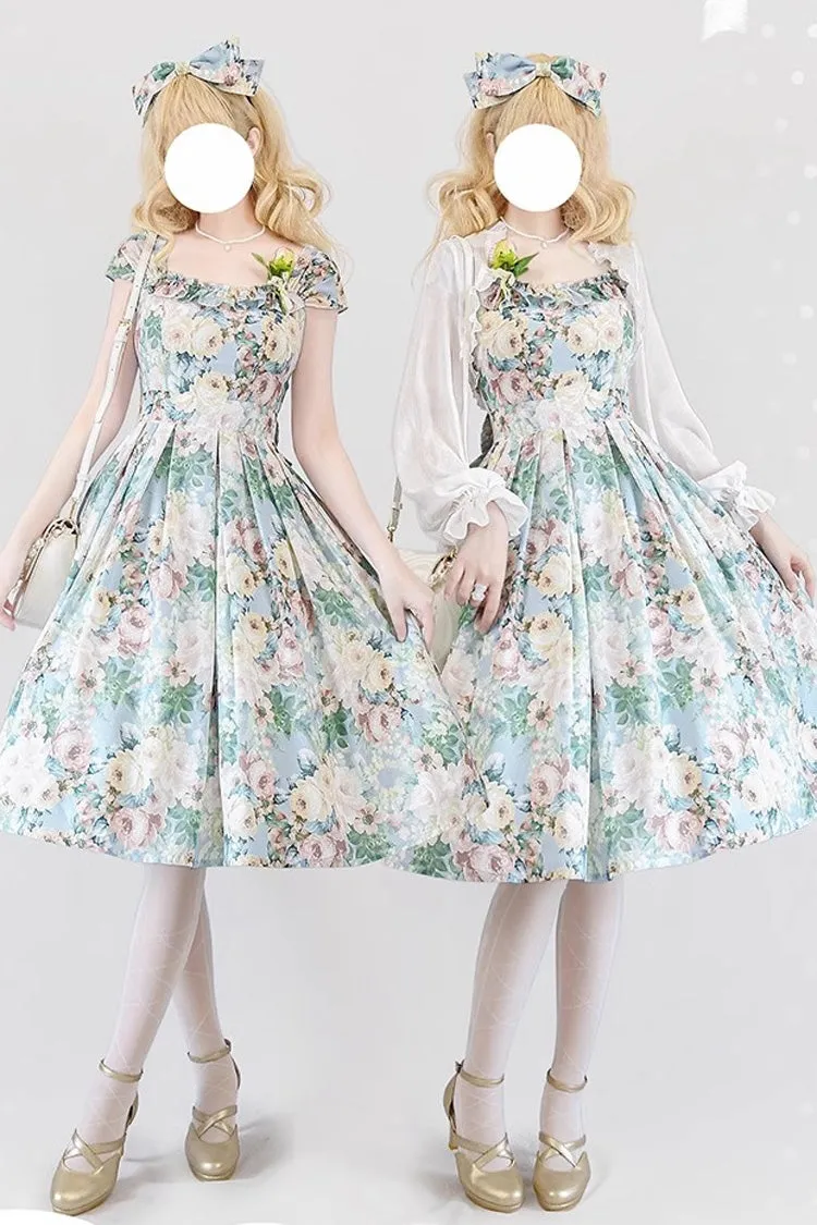 Multi-Color [Forest Basket] Green Field Flowers Print Bowknot Sweet Elegant Lolita Jsk Dress