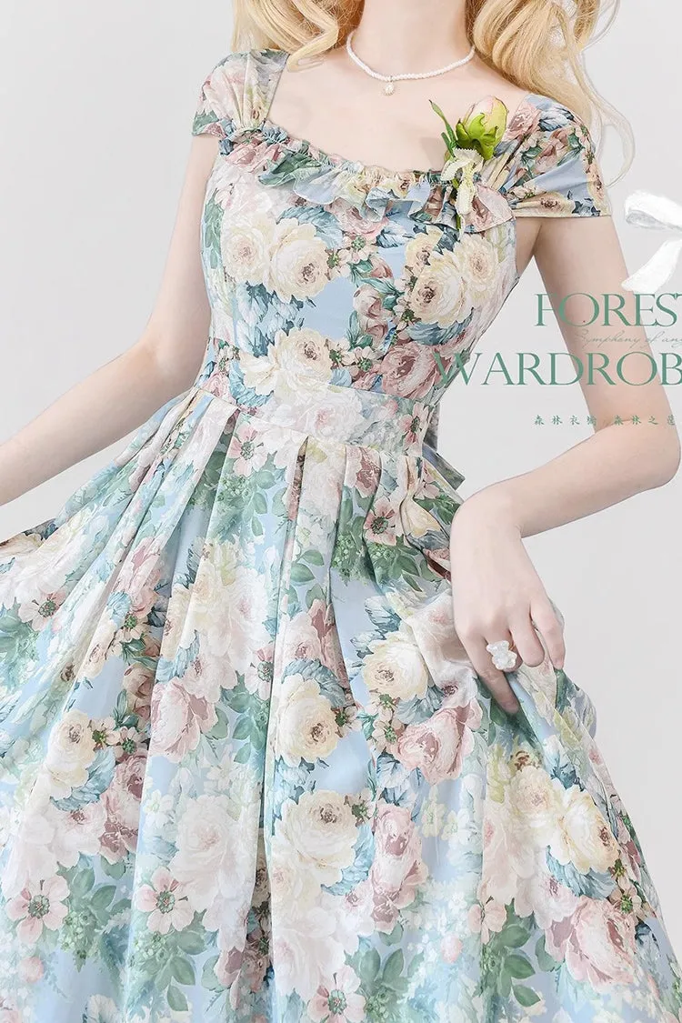 Multi-Color [Forest Basket] Green Field Flowers Print Bowknot Sweet Elegant Lolita Jsk Dress