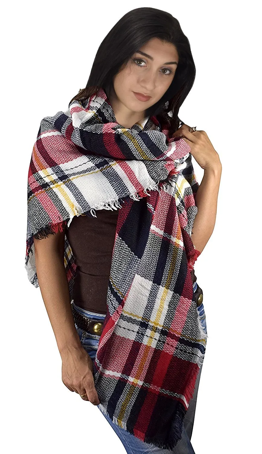 Multicolor Tartan Plaid Oversized Blanket Scarf Shawl Wrap Poncho Yellow Black