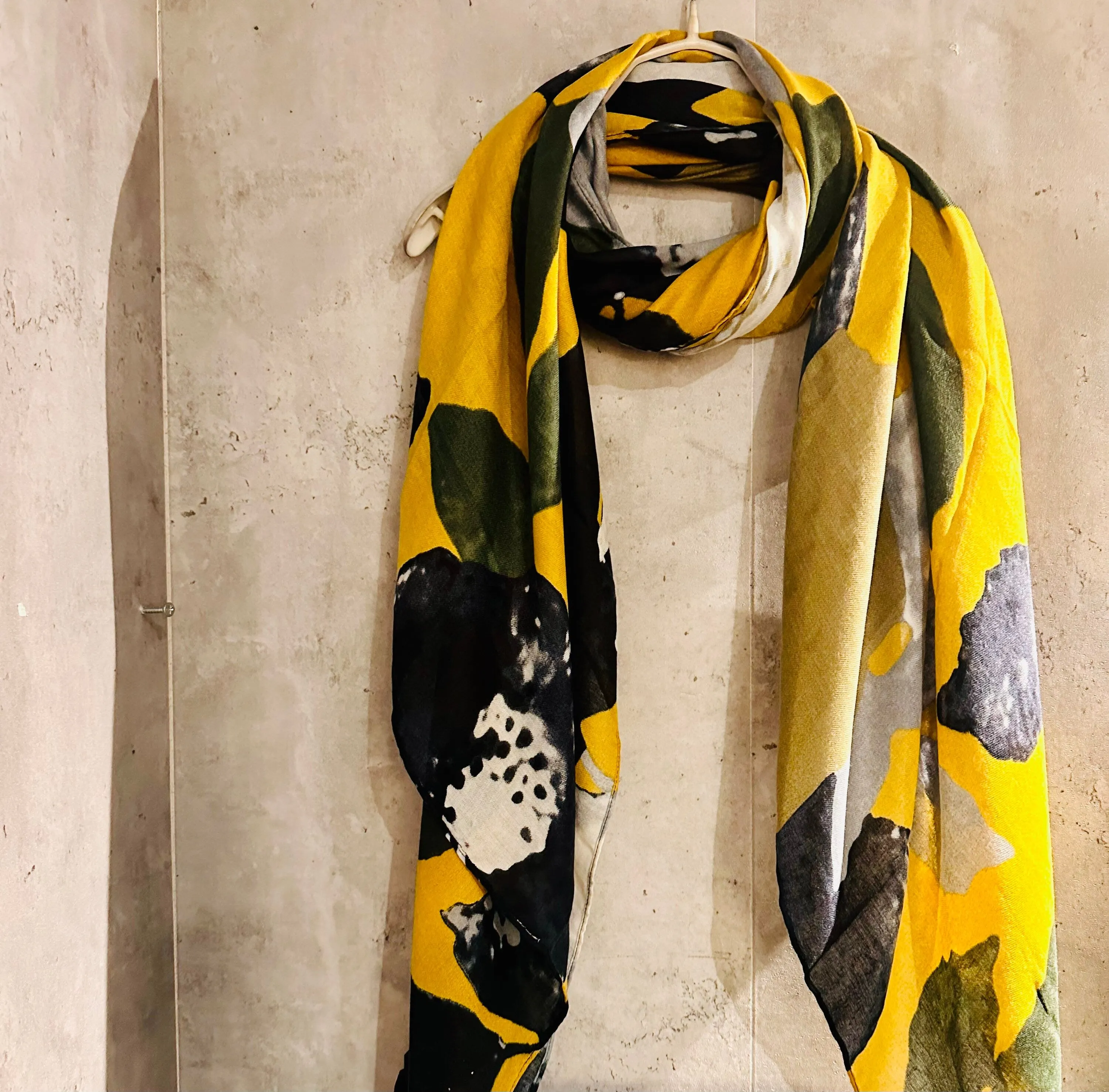 Mustard Yellow Organic Cotton Scarf with Huge Flower and Leaf Design – An Eco-Friendly Gift for Mom, Perfect for Birthday and Christmas Celebrations