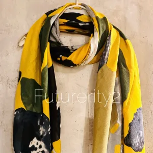 Mustard Yellow Organic Cotton Scarf with Huge Flower and Leaf Design – An Eco-Friendly Gift for Mom, Perfect for Birthday and Christmas Celebrations