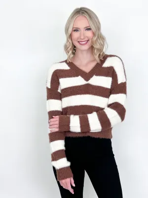 Oakley - Striped Mohair V-Neck Sweater (Brown & Cream)