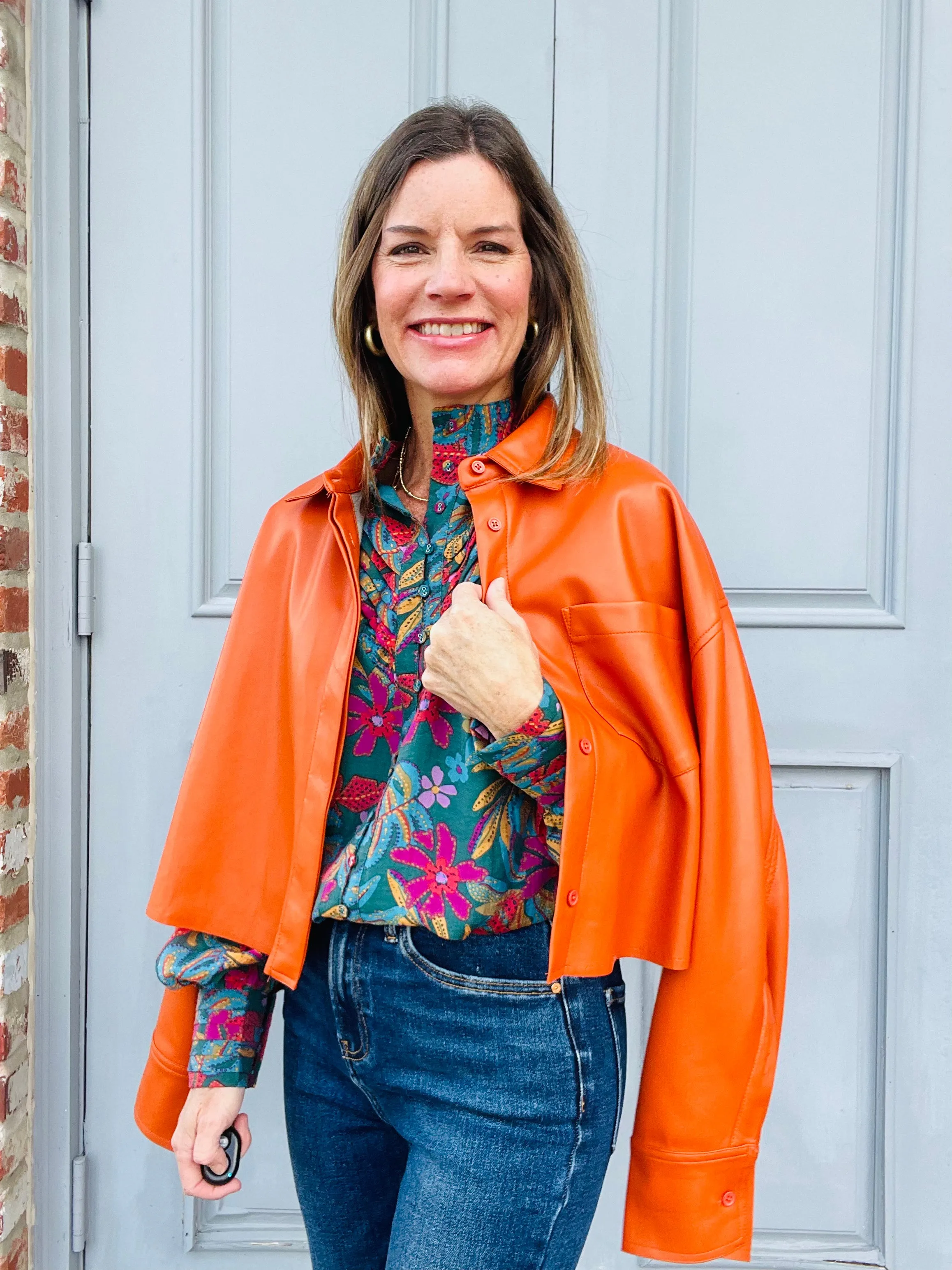 Orange Cropped Leather Jacket