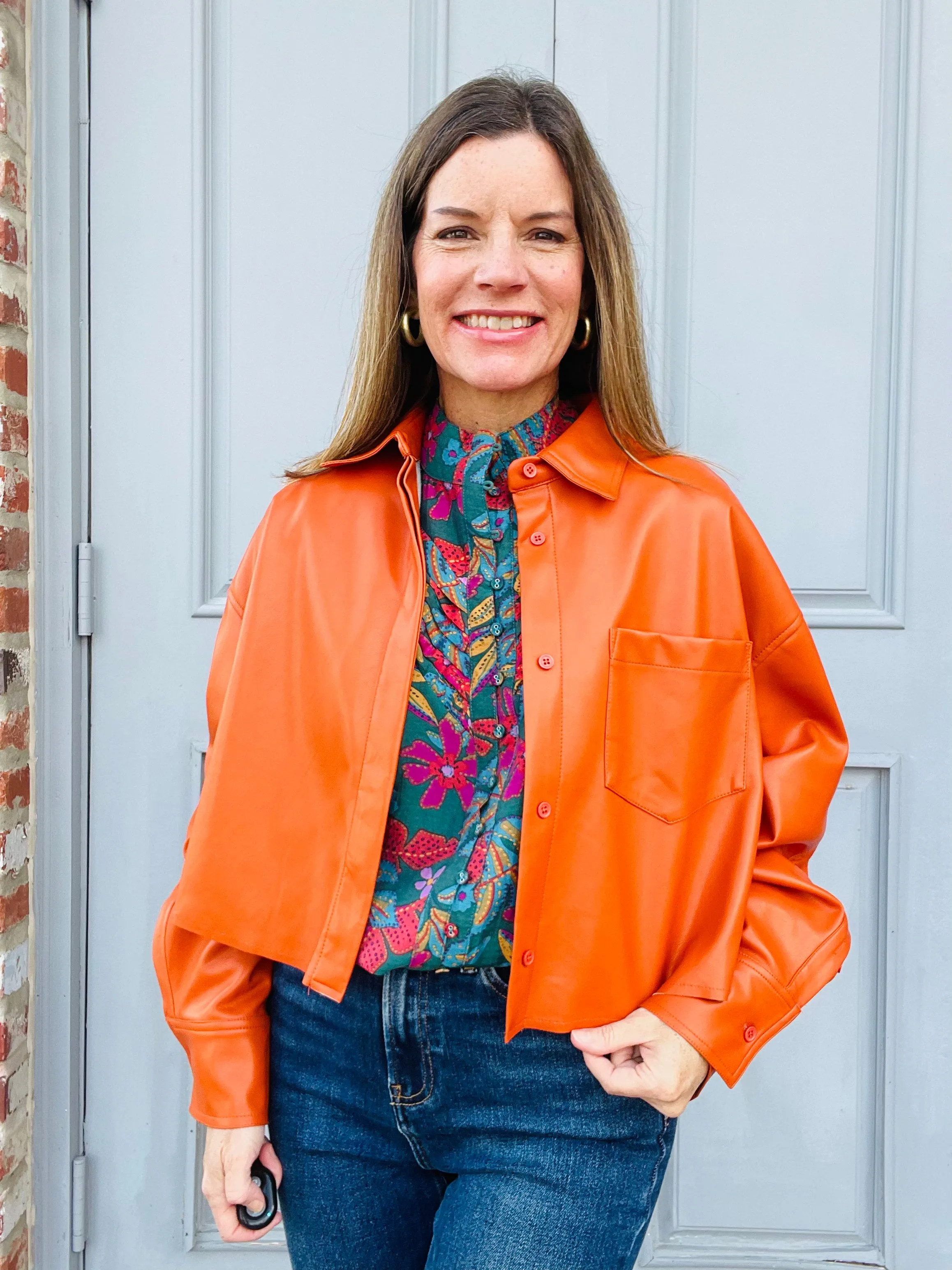 Orange Cropped Leather Jacket