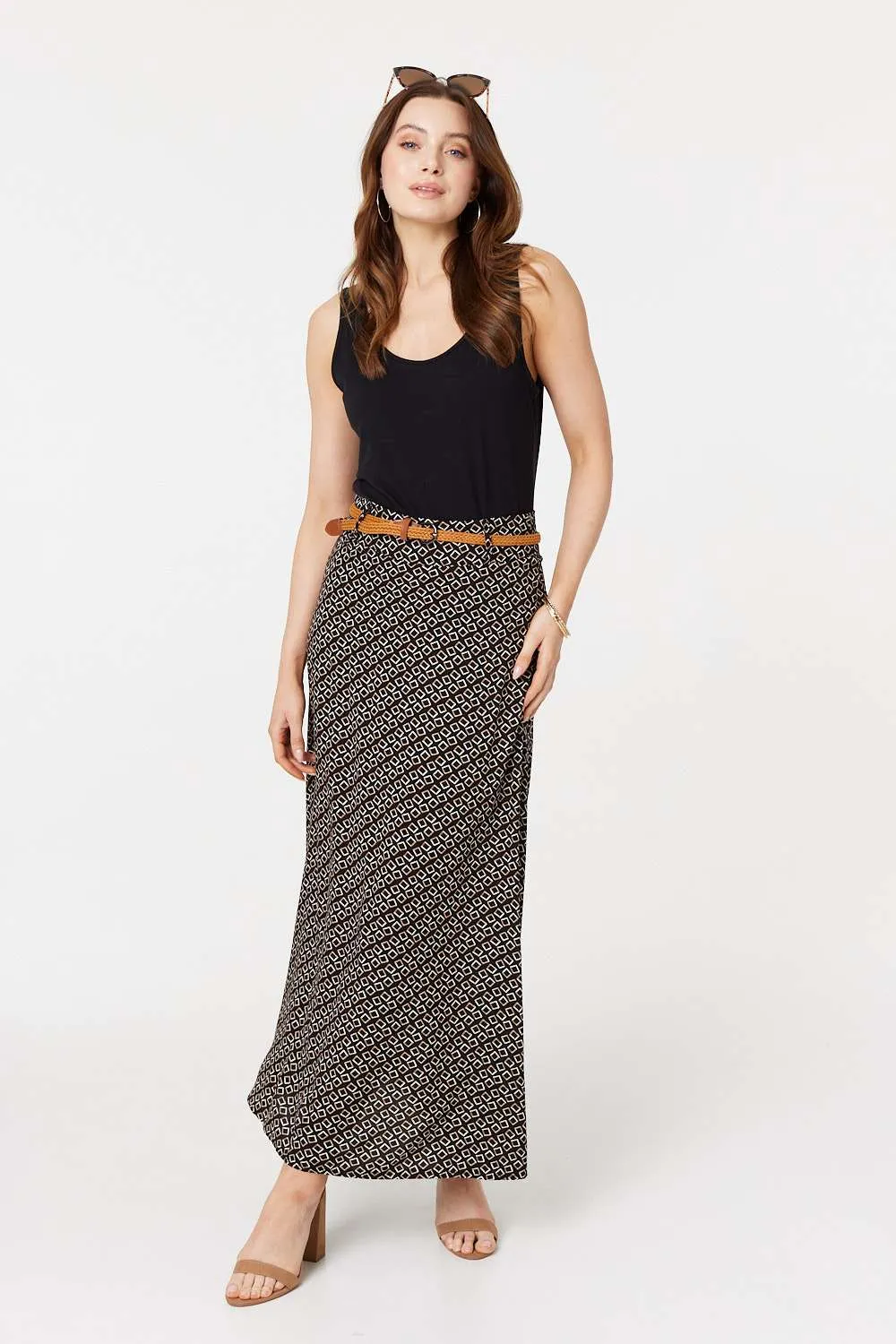 Printed A-Line Belt Maxi Skirt