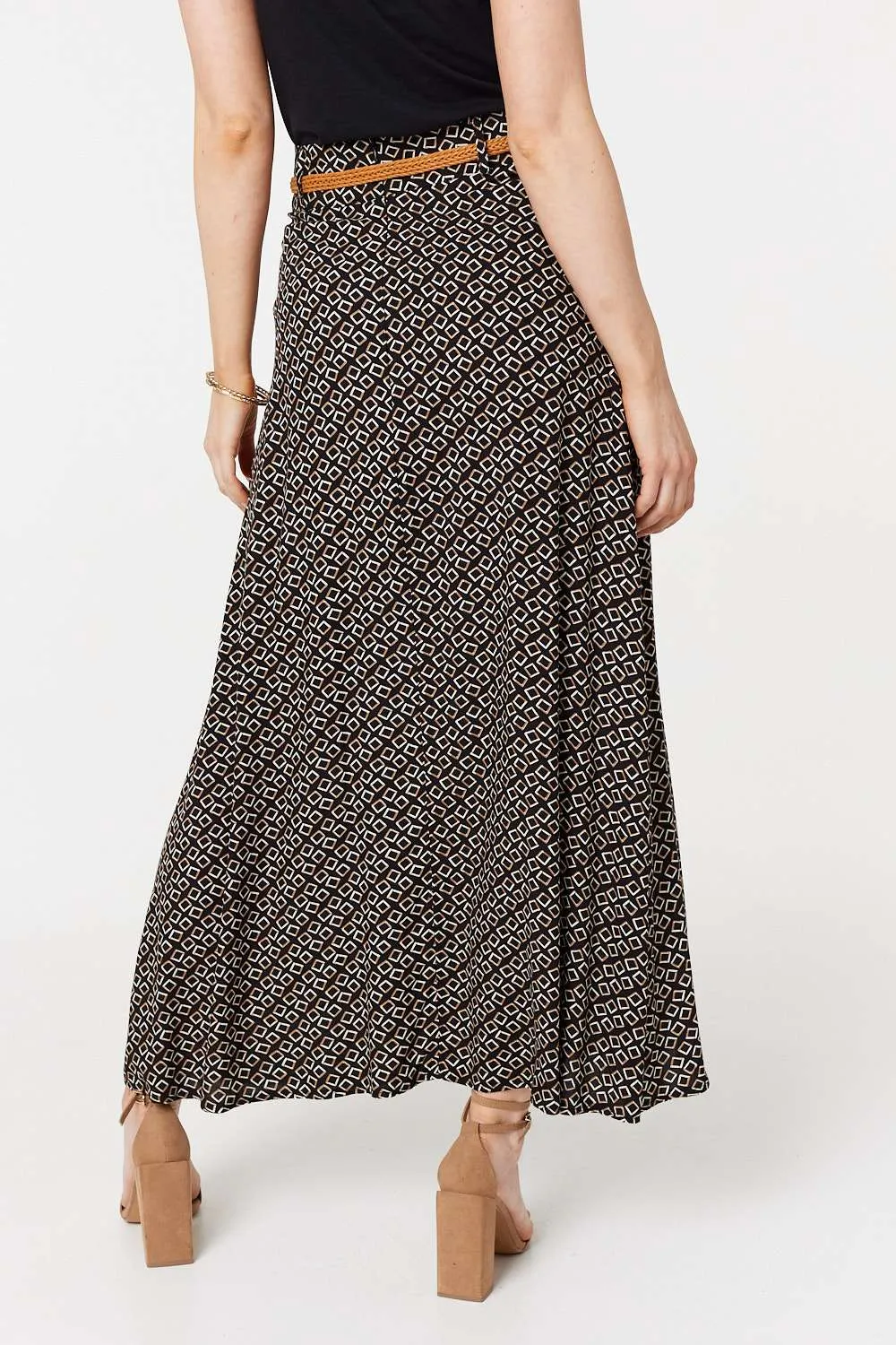 Printed A-Line Belt Maxi Skirt