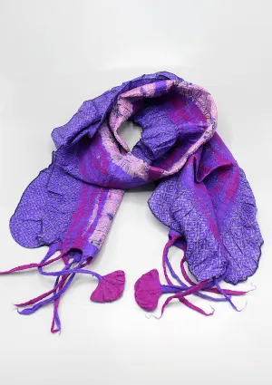 Purple Floral Felt Wool Scarf with Silk Border