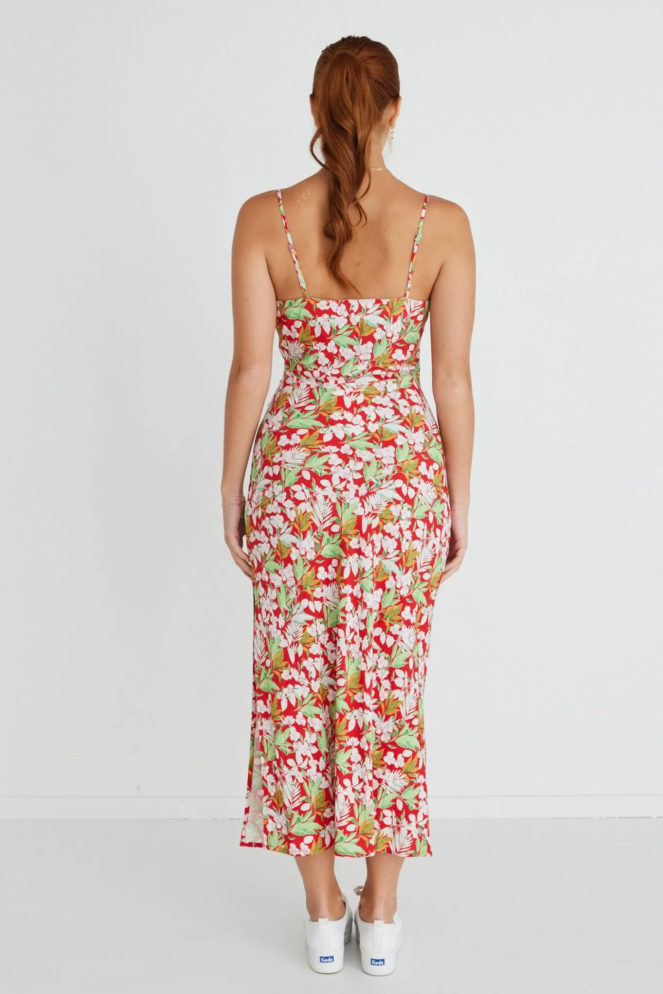 Rapture Red Tropical Strappy Mock Wrap Midi Dress